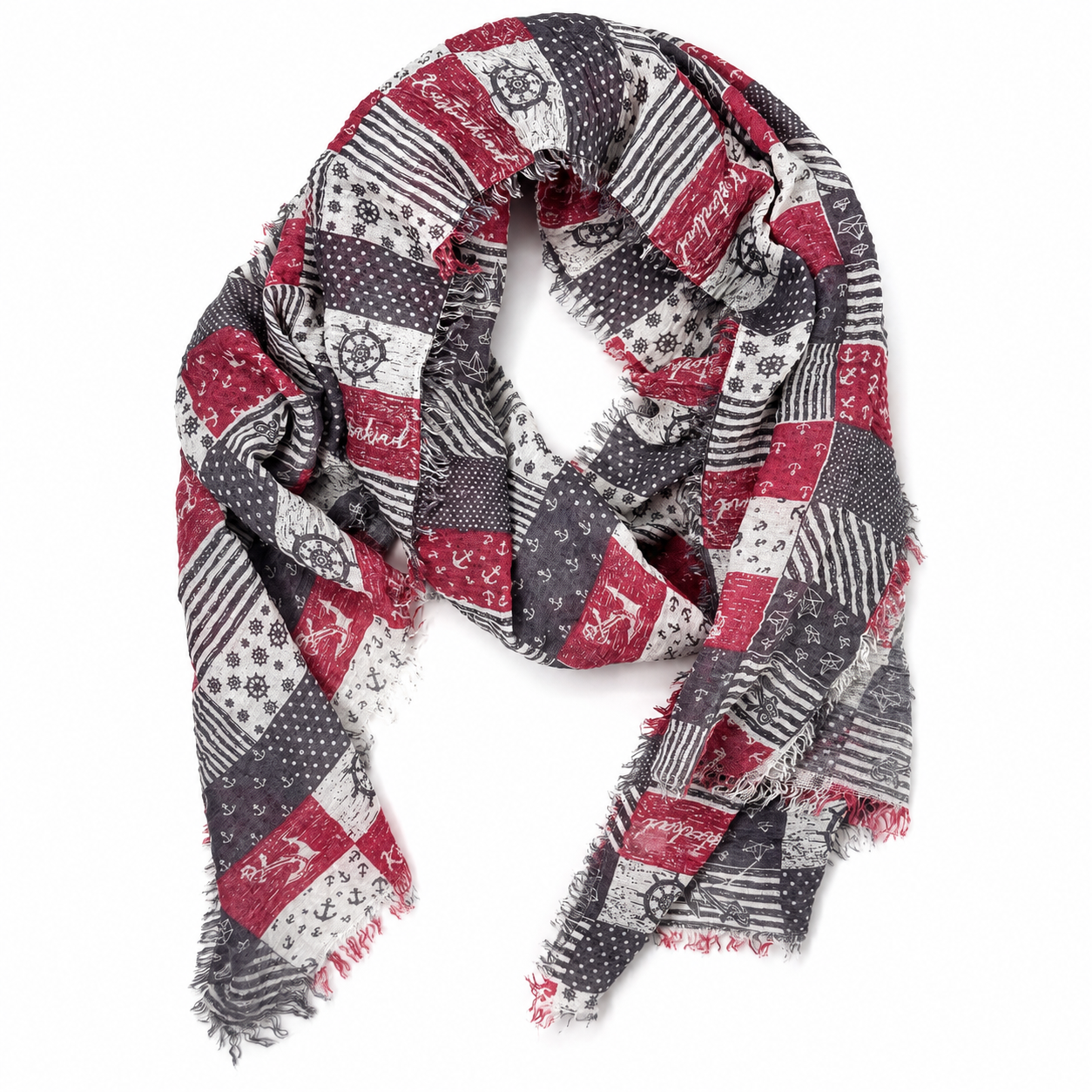 Maritimer Damen Schal in Rot, Grau und Weiß mit Patchwork-Design sowie Anker-, Steuerrad- und Streifenmuster auf weißem Hintergrund