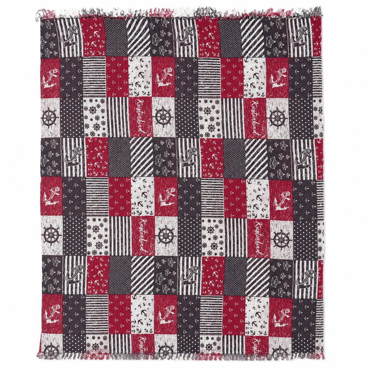 Maritimer Damen Schal in Rot, Grau und Weiß mit Patchwork-Design sowie Anker-, Steuerrad- und Streifenmuster auf weißem Hintergrund
