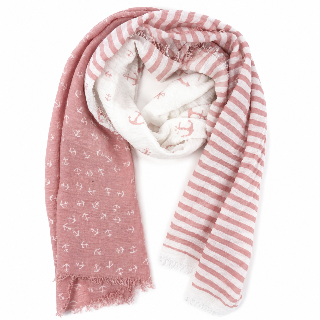 Maritimer Damen Schal in Rosa und Weiß mit Anker- und Streifenmuster auf weißem Hintergrund.