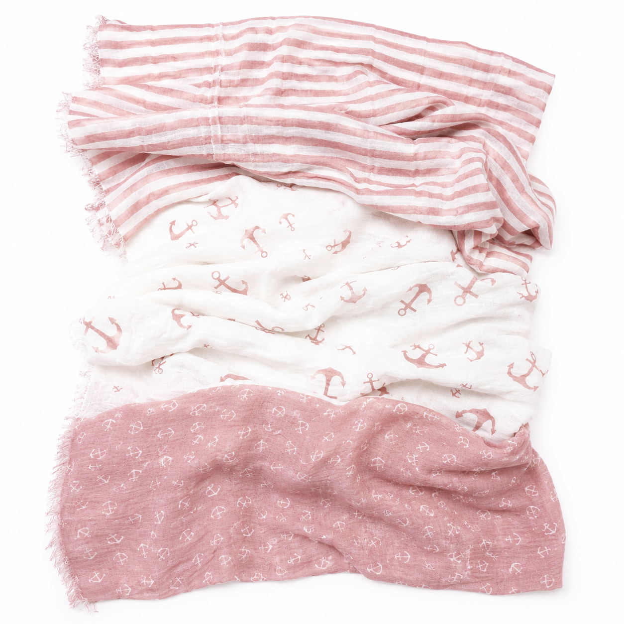 Maritimer Damen XXL Schal in Rosa und Weiß mit Anker- und Streifenmuster auf weißem Hintergrund.