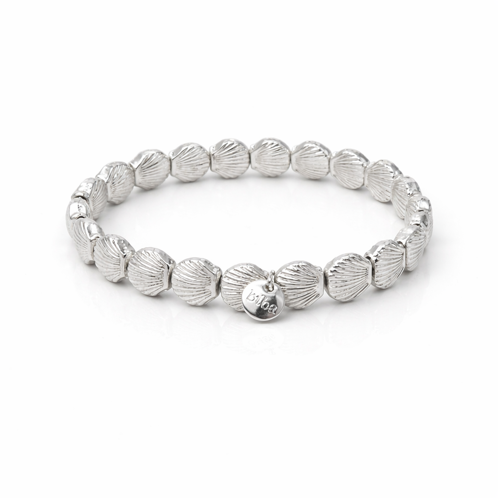 Glänzendes silberfarbenes Muschel-Armband aus Metall, elastisch, 18 cm