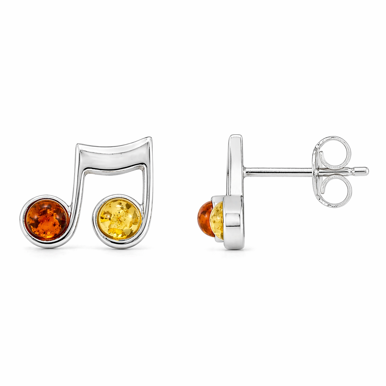 Silber Ohrstecker in Form einer Musiknote mit echtem Bernstein in Cognac und Gelb, filigrane Ohrringe für Damen