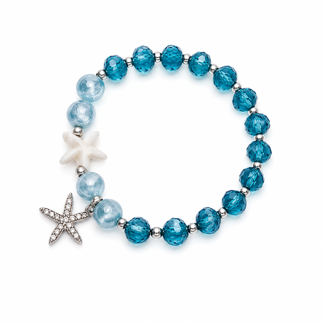 Blaues Seestern-Armband mit maritimen Glasperlen und silbernem Seestern-Anhänger
