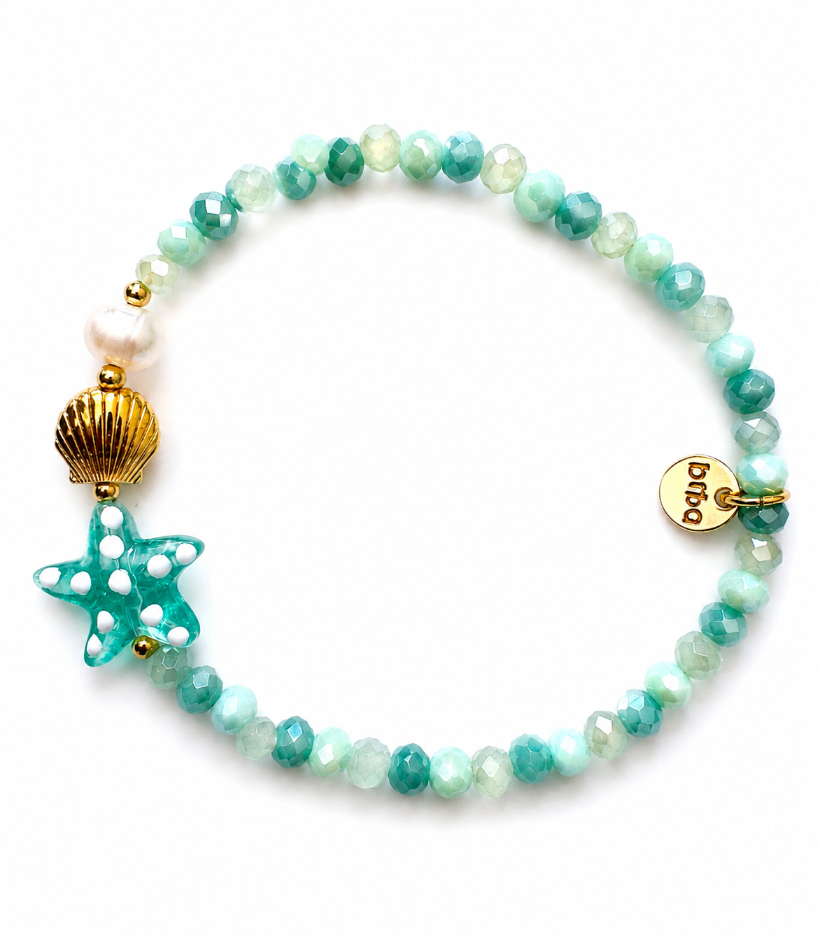 Perlenarmband in Mintgrün mit Seestern, Muschel, Crystal-Glasperlen und goldfarbenen Metallelementen.