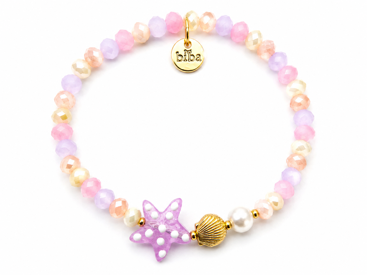 Pastellfarbenes Perlenarmband mit Seestern, Muschel, Crystal-Glasperlen und goldfarbenen Metallelementen im maritimen Design.