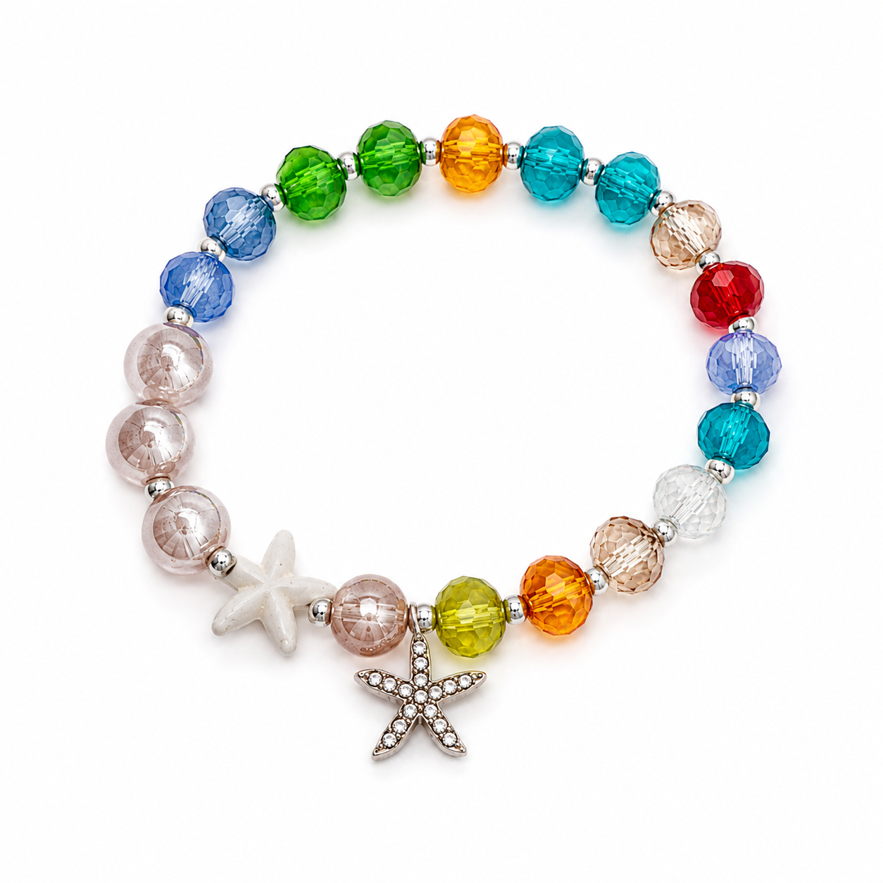 Buntes Seestern-Armband mit mehrfarbigen Glasperlen und silbernem Seestern-Anhänger