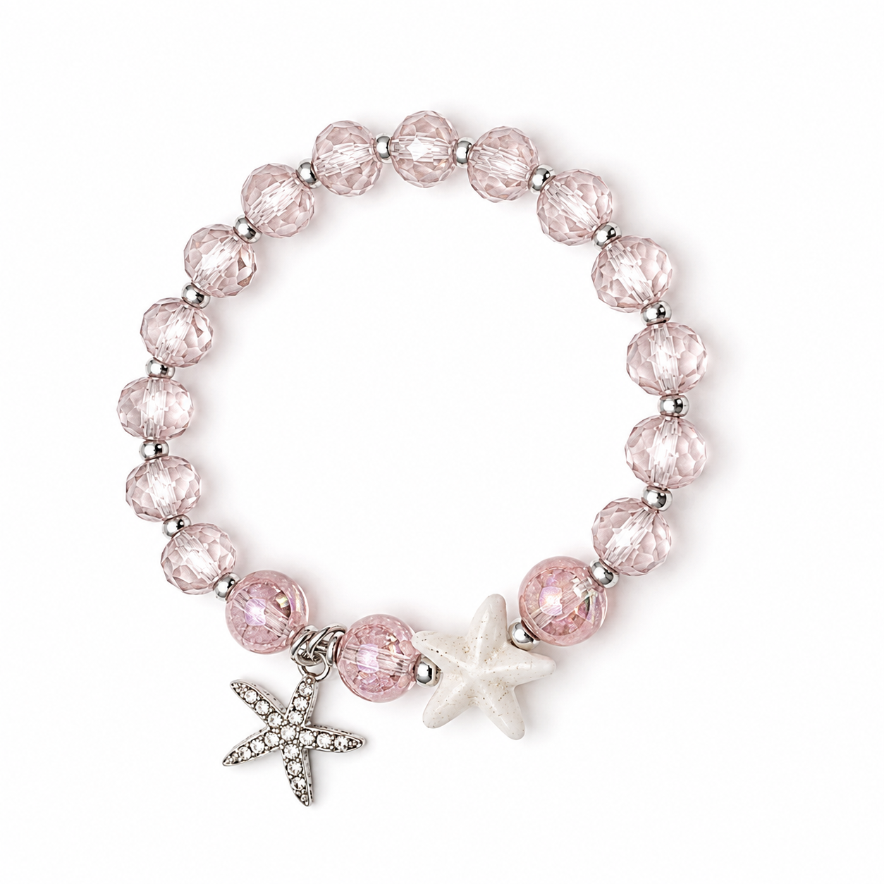Rosafarbenes Seestern-Armband mit Glasperlen und silbernem Seestern-Anhänger