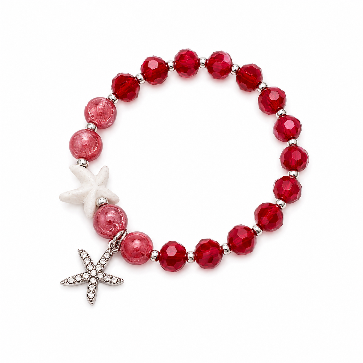 Rotes Seestern-Armband mit funkelnden Glasperlen und silbernem Seestern-Anhänger