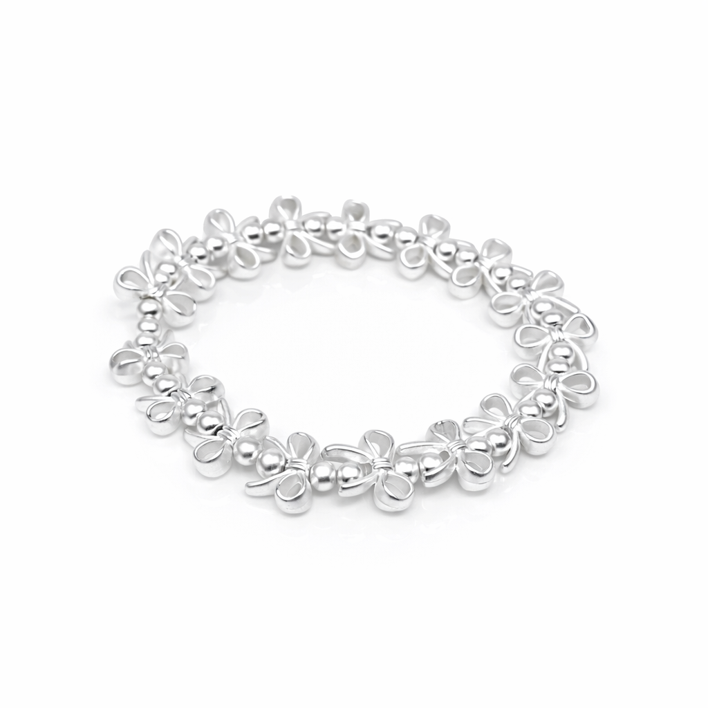 Matt silbernes Schleifen-Armband aus Metall mit Perlen, elastisch, Größe 18 cm