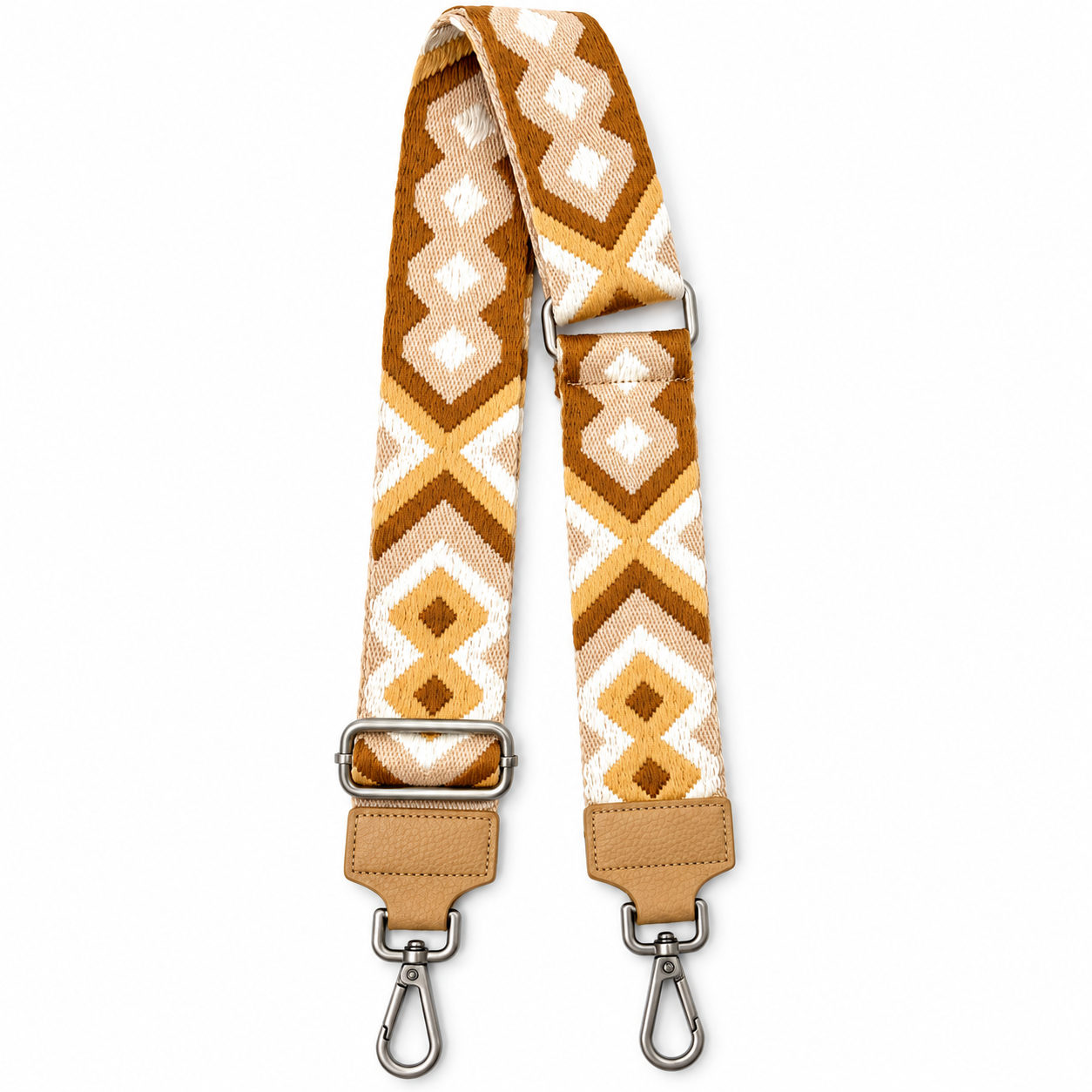 Breiter Taschenriemen mit gewebtem Ethnomuster in Braun, Beige und Weiß, einfarbig beiger Rückseite, Verstellschieber und Metallkarabinern.
