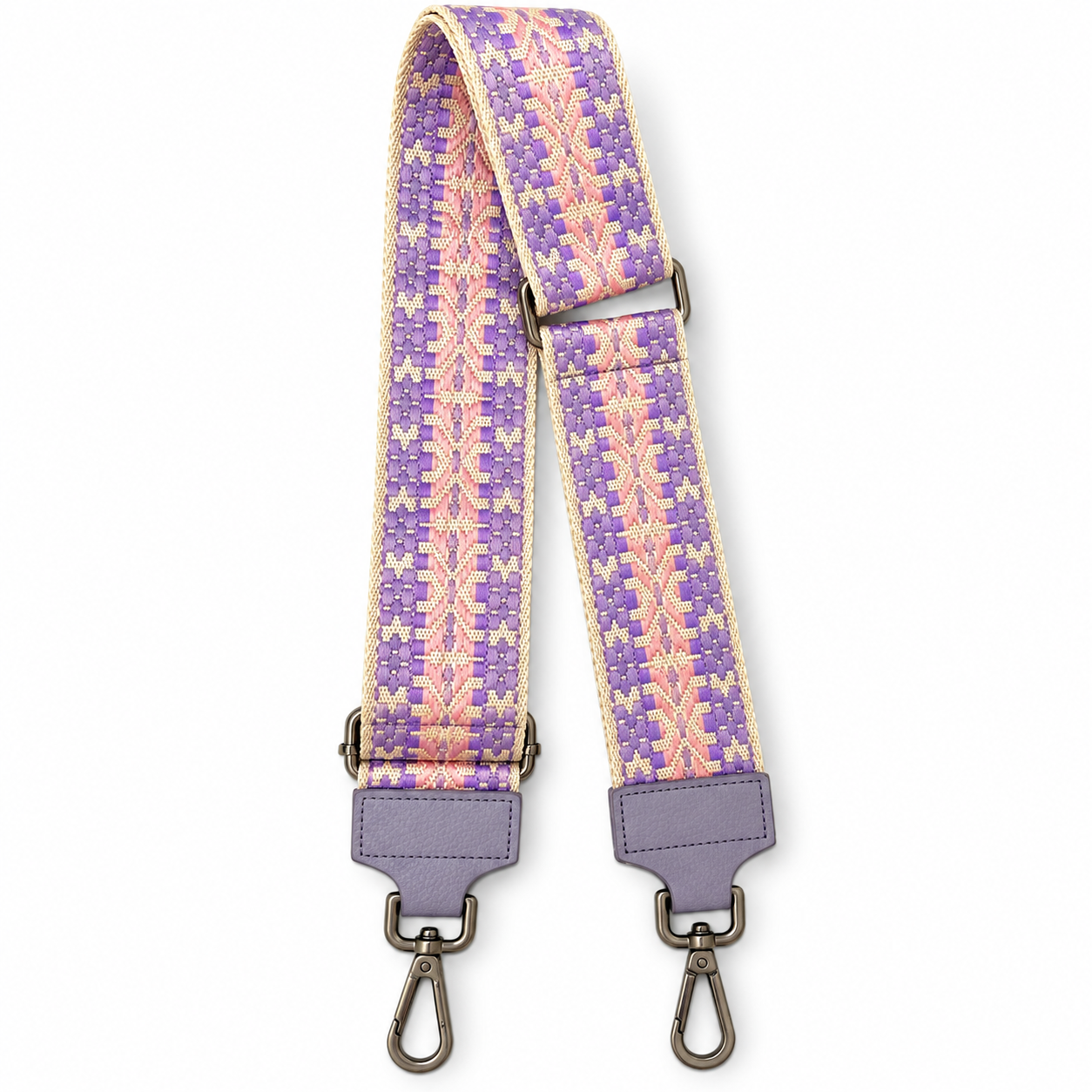Verstellbarer Schulterriemen im Boho-Muster in Flieder, Rosa und Creme mit grauen Kunstlederenden und Metallkarabinern.