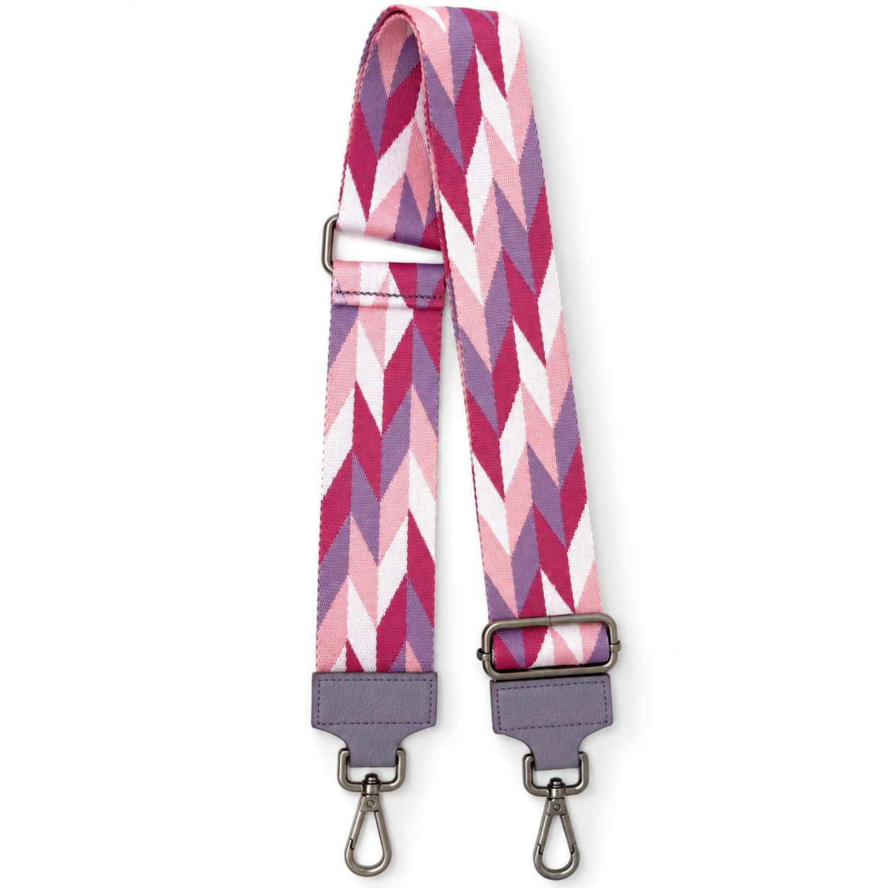 Gemusterter Taschenriemen mit Zickzack-Design in Rosa, Beere, Lila und Weiß, verstellbarer Schnalle und zwei Karabinern.