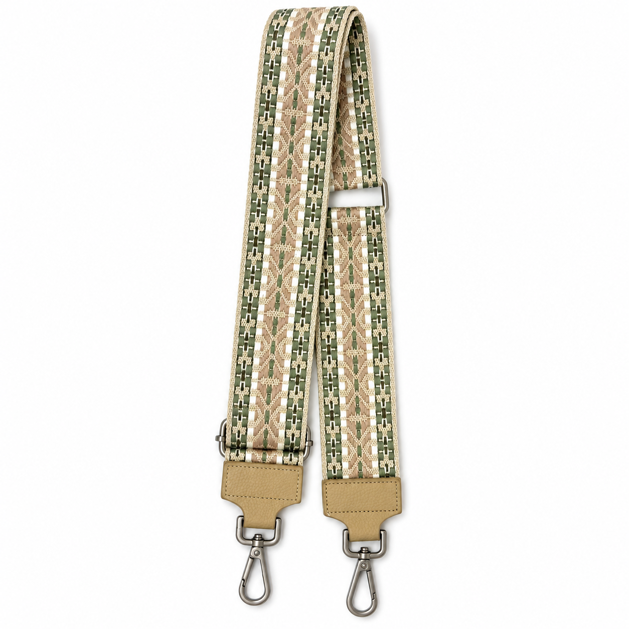 Gemusterter Taschenriemen in Salbeigrün, Beige und Creme mit gewebtem Boho-Muster, beigen Endstücken und Metallkarabinern.