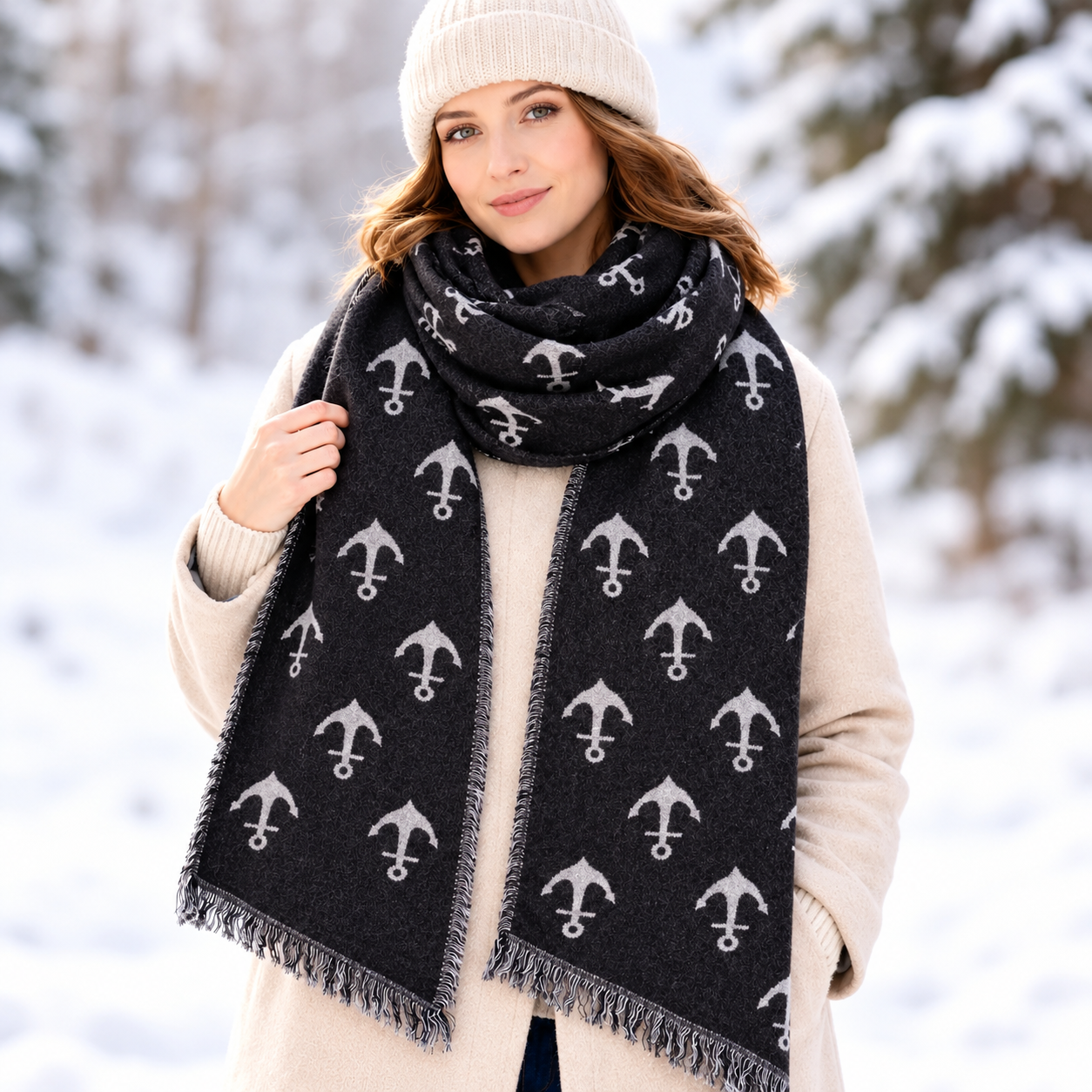 Damen Winterschal in Schwarz mit grauem Anker Muster, getragen zu beigem Mantel im Winter