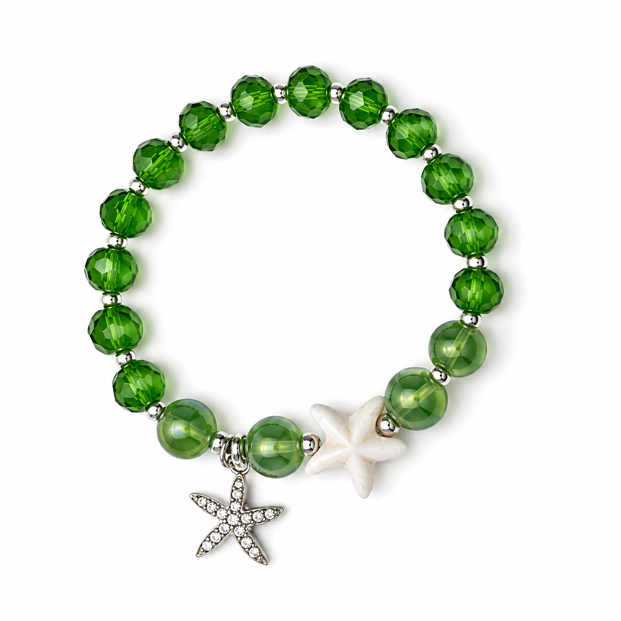 Grünes Seestern-Armband mit funkelnden Glasperlen und silbernem Seestern-Anhänger