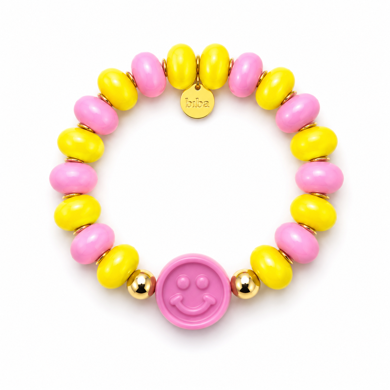 Smiley Perlenarmband in Rosa und Gelb mit goldfarbenen Metallelementen und elastischem Band.