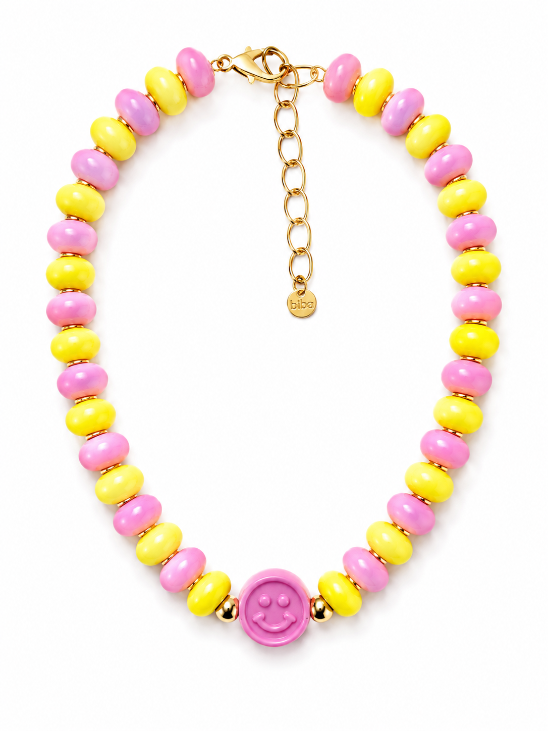 Statement-Kette mit Smiley-Anhänger aus Resin und Brass in den Farbvarianten Gelb & Rosa  mit goldfarbenen Details.