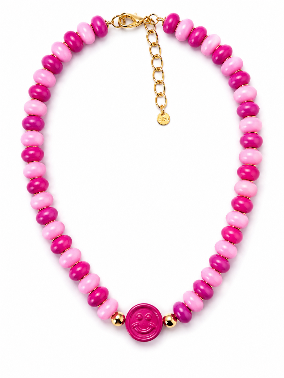 Statement-Kette mit rosa und pinkfarbenen Resinperlen, Smiley-Anhänger und goldfarbenen Brass-Details – trendige Damen Halskette.