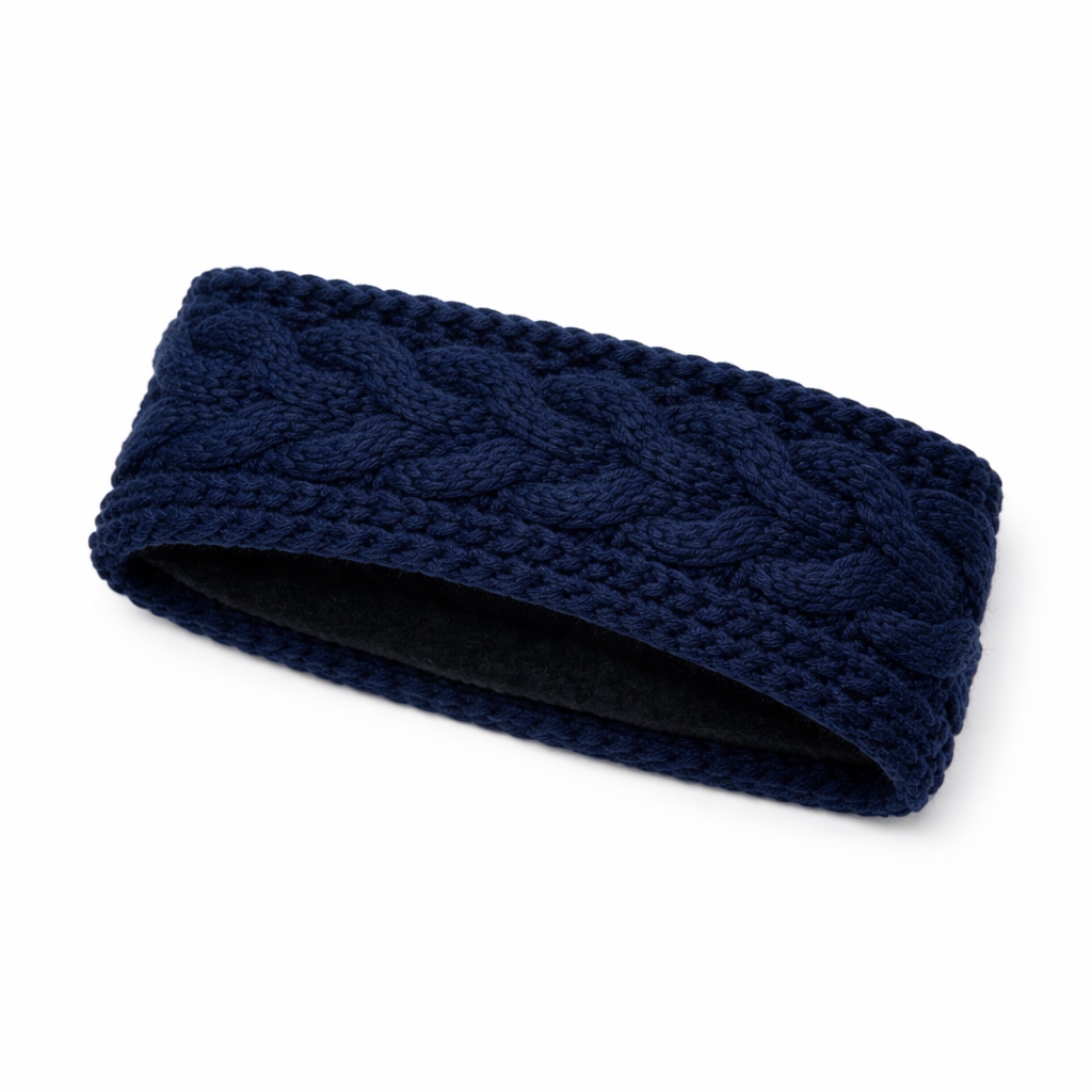 Dunkelblaues Stirnband mit Zopfmuster und Fleece-Futter