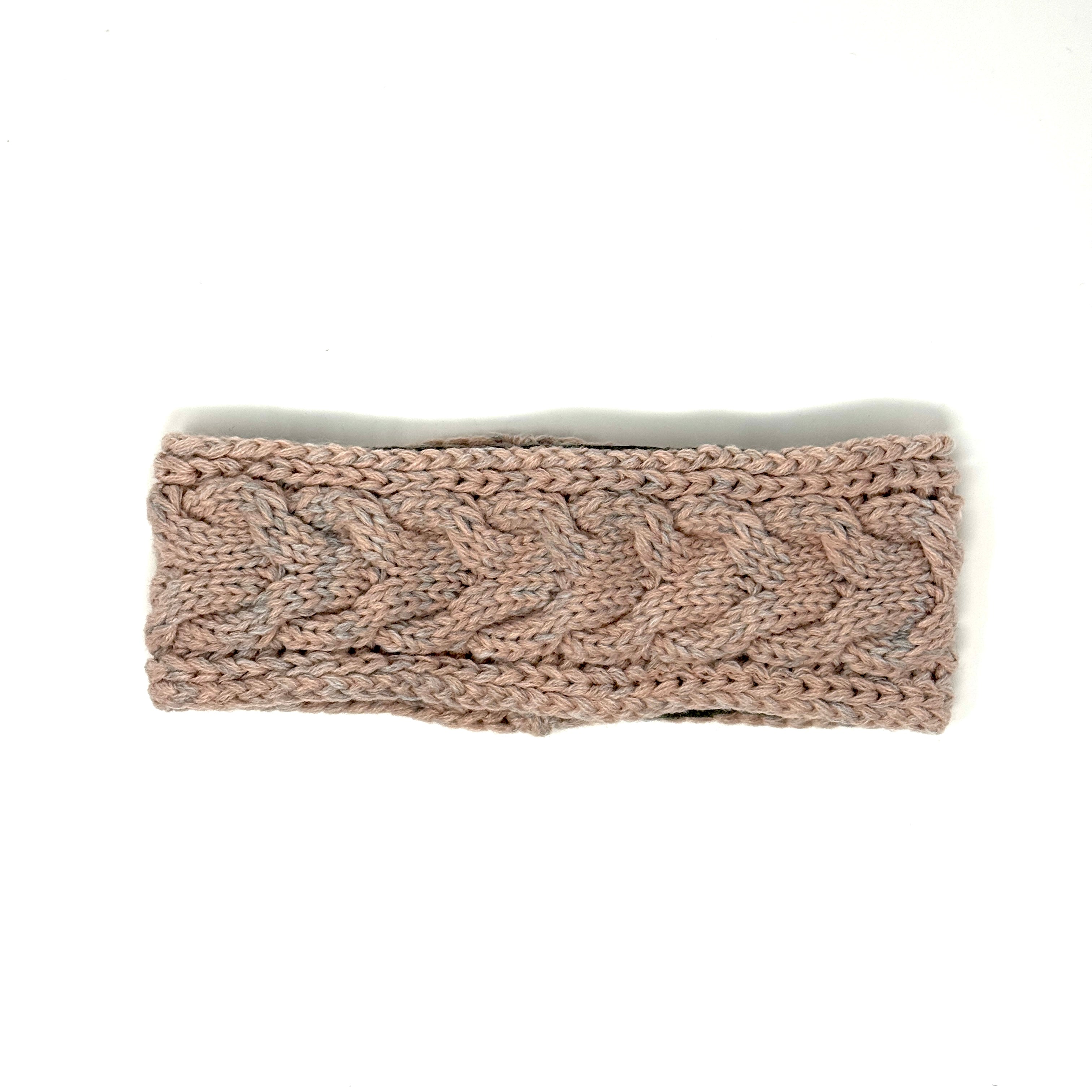 Gestricktes Stirnband in Rosa-Grau mit Zopfmuster