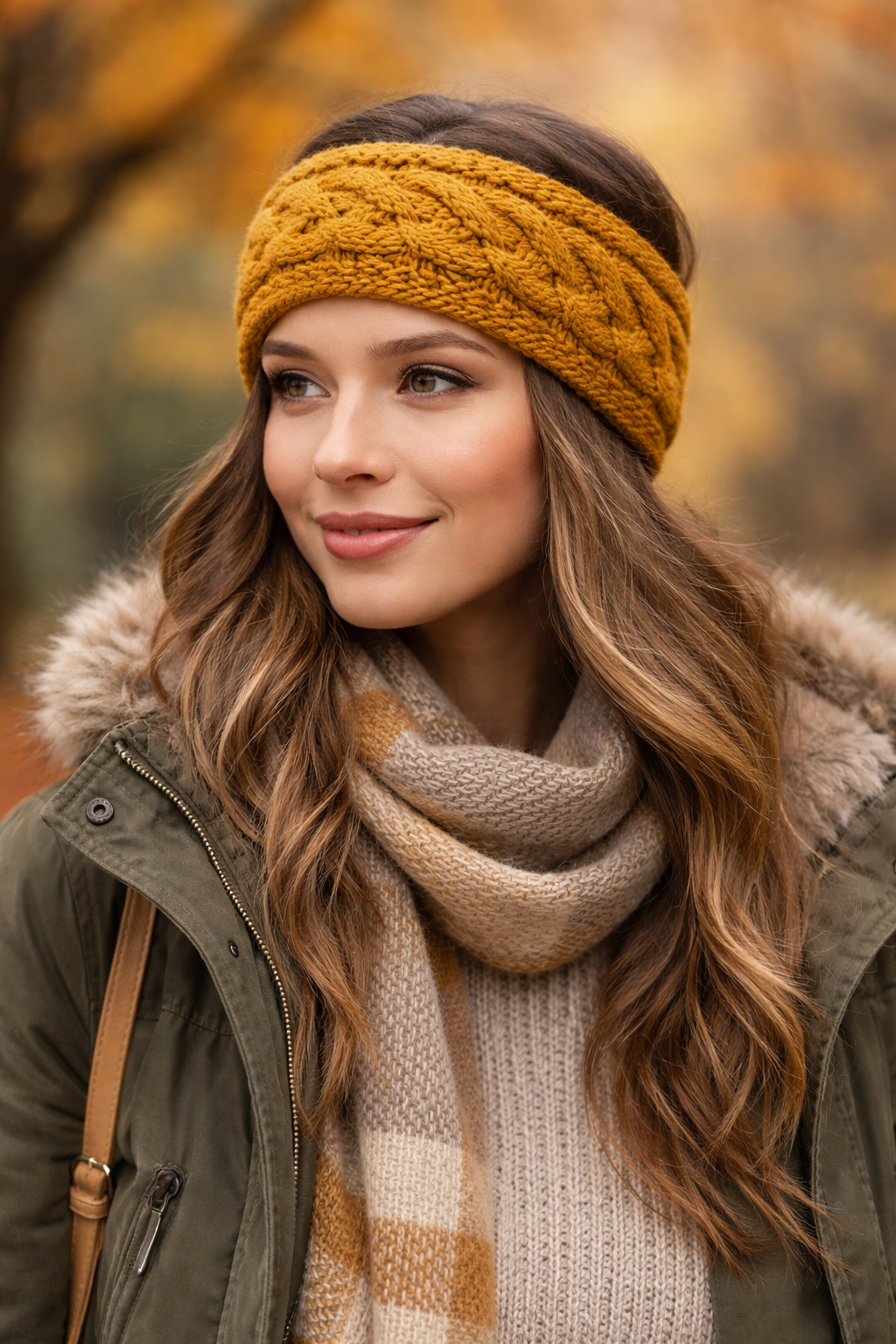 Gestricktes Stirnband in Senfgelb mit Zopfmuster