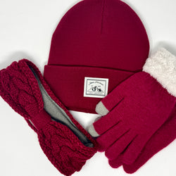 Fuchsia Farbenes Set Stirnband, Mütze, Handschuhe 