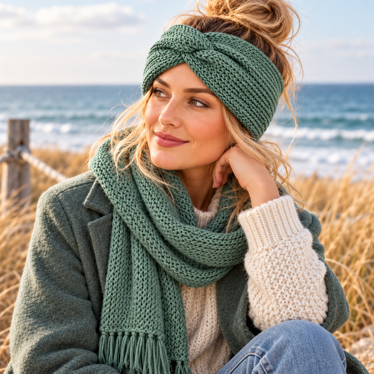 Frau trägt grünes Strick-Stirnband im herbstlichen Outfit am Meer