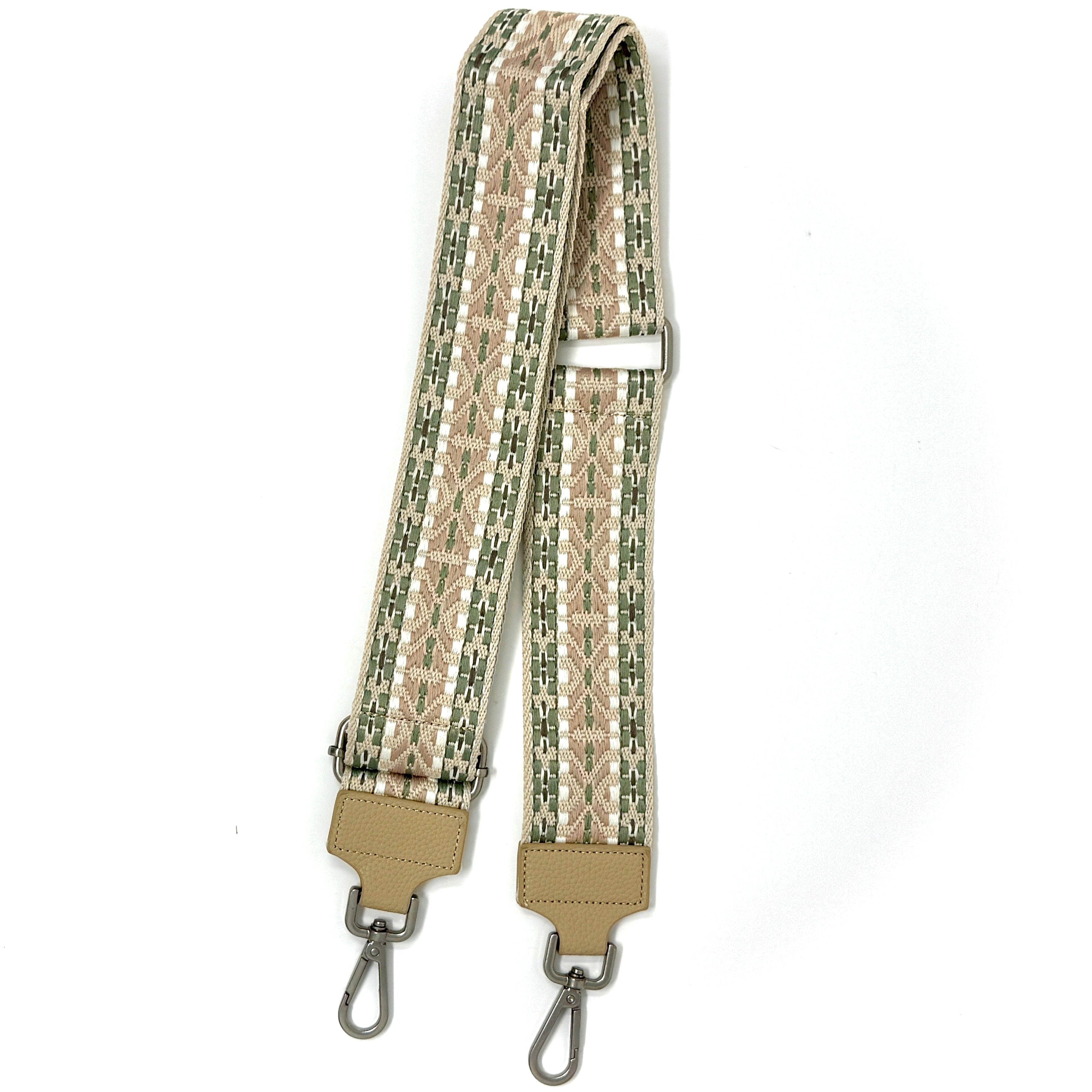 Verstellbarer Schulterriemen mit beige-weißem Muster und Karabinerhaken
