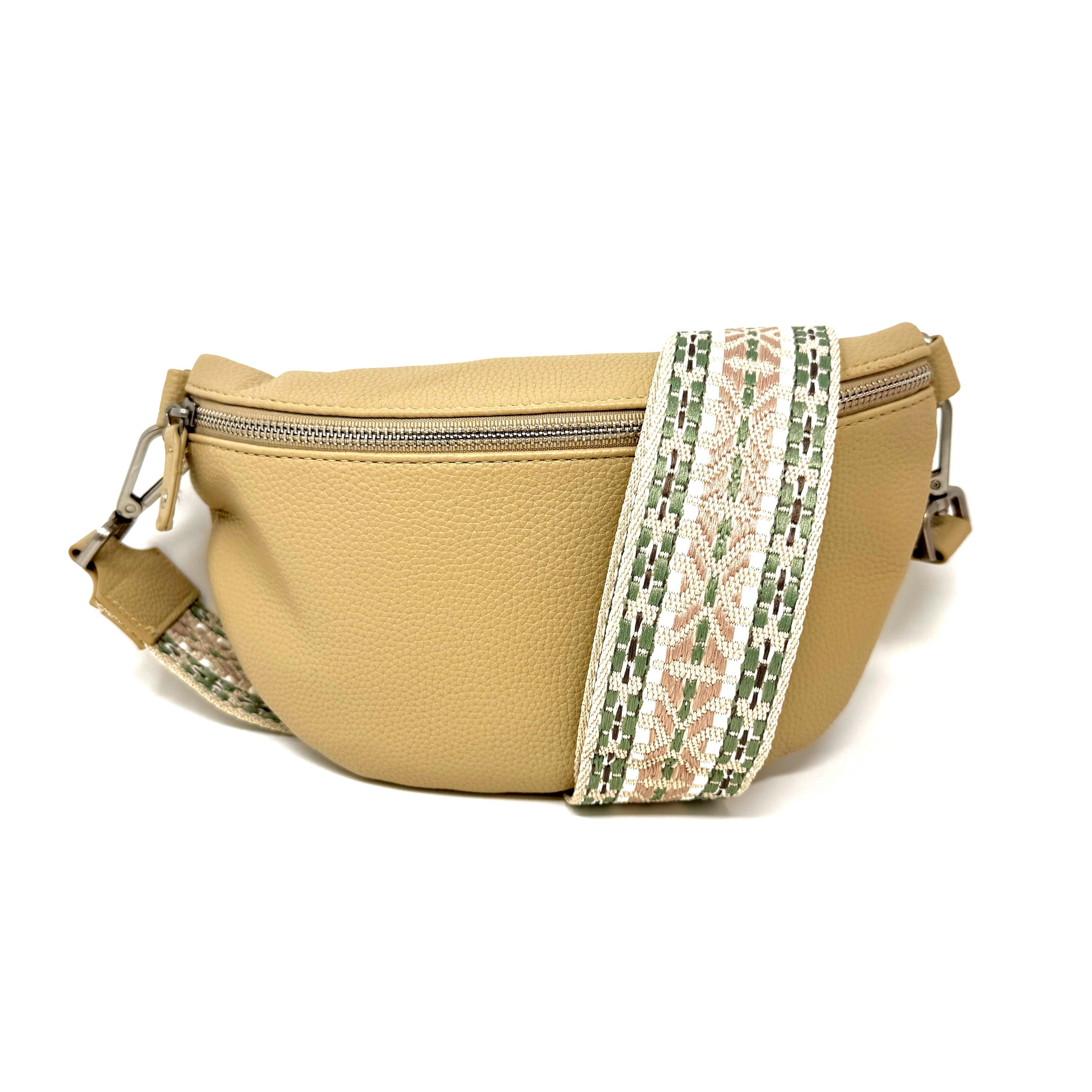 Verstellbarer Schulterriemen mit beige-weißem Muster und Karabinerhaken