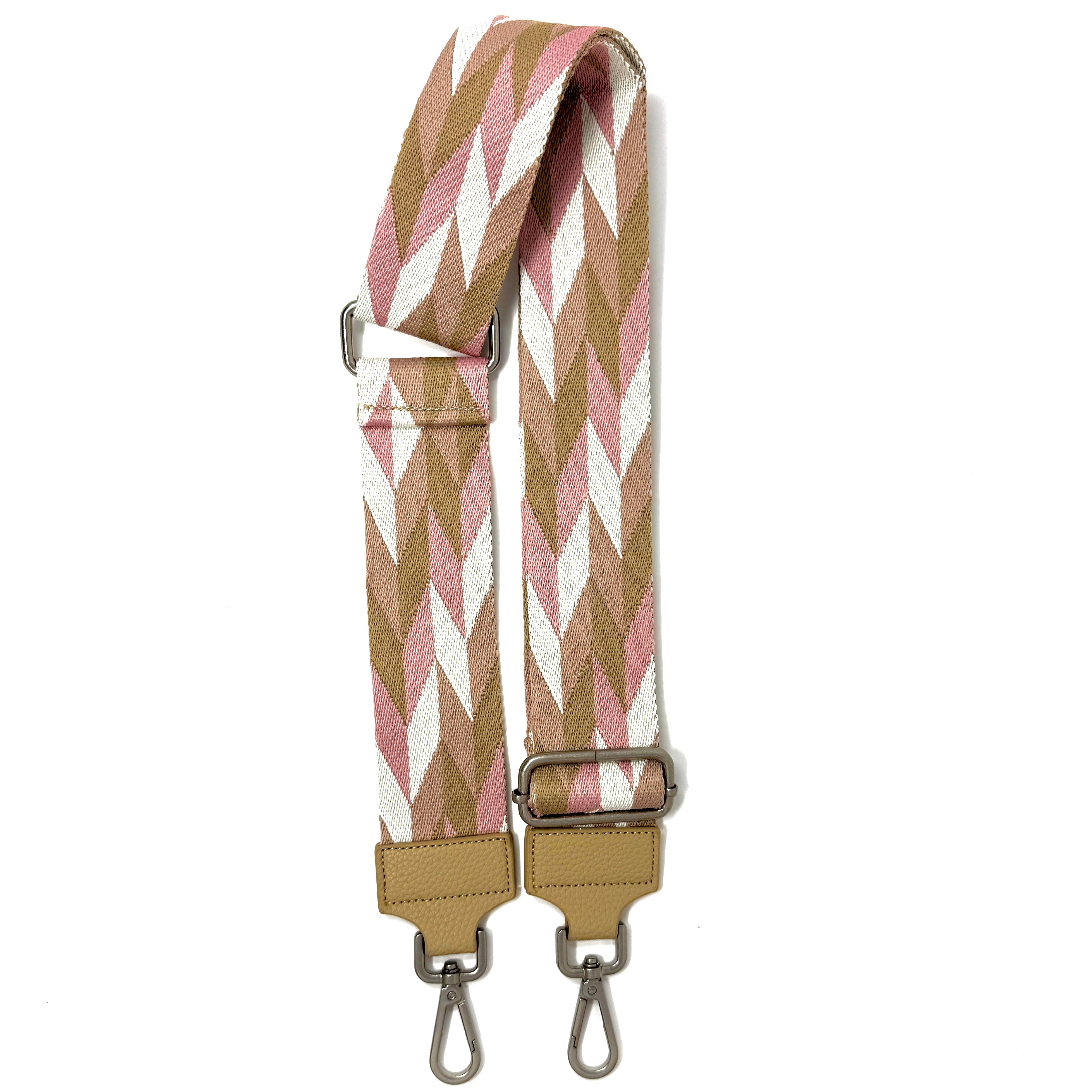 Verstellbarer Schulterriemen mit beige/rosa-weißem Muster und Karabinerhaken