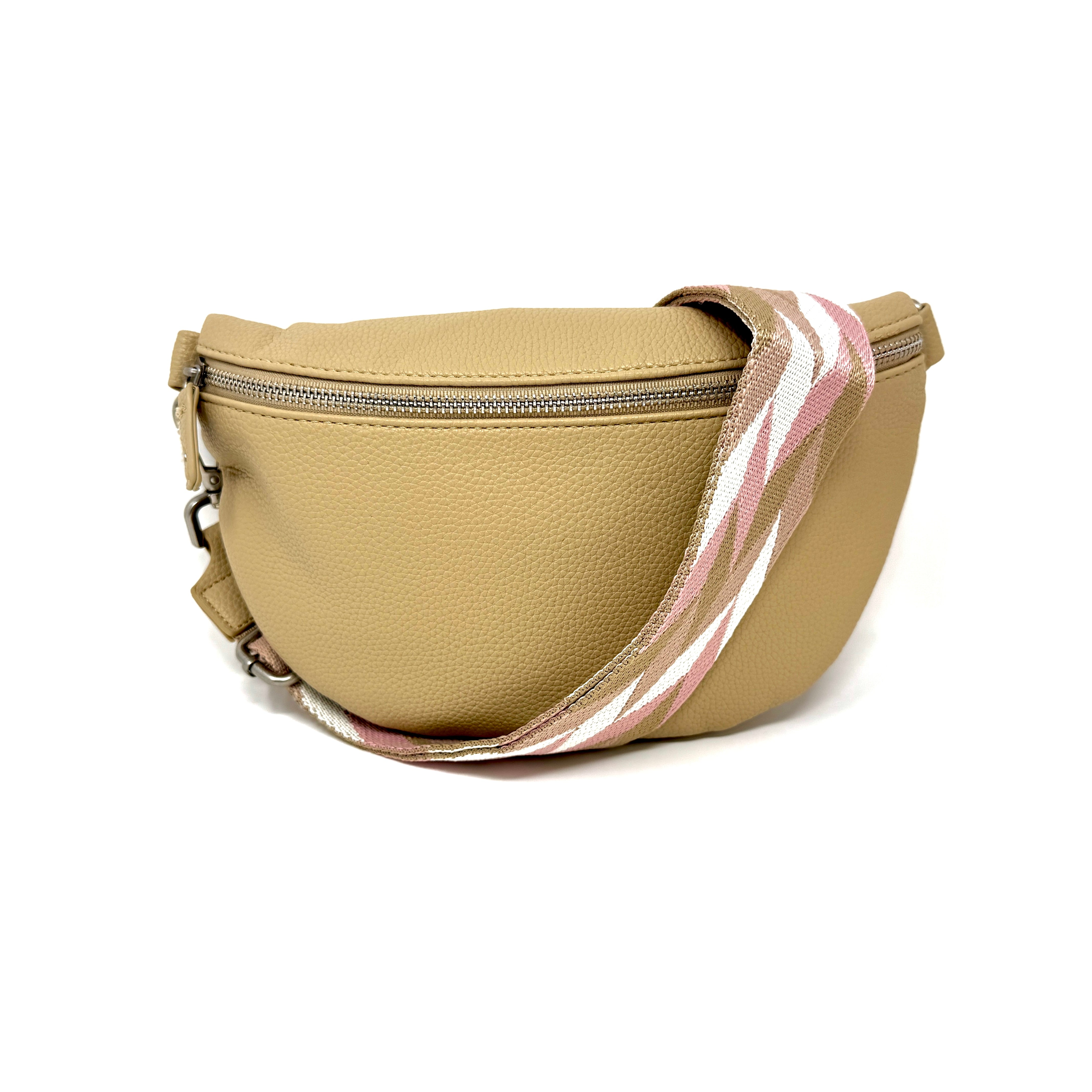 Verstellbarer Schulterriemen mit beige/rosa-weißem Muster und Karabinerhaken