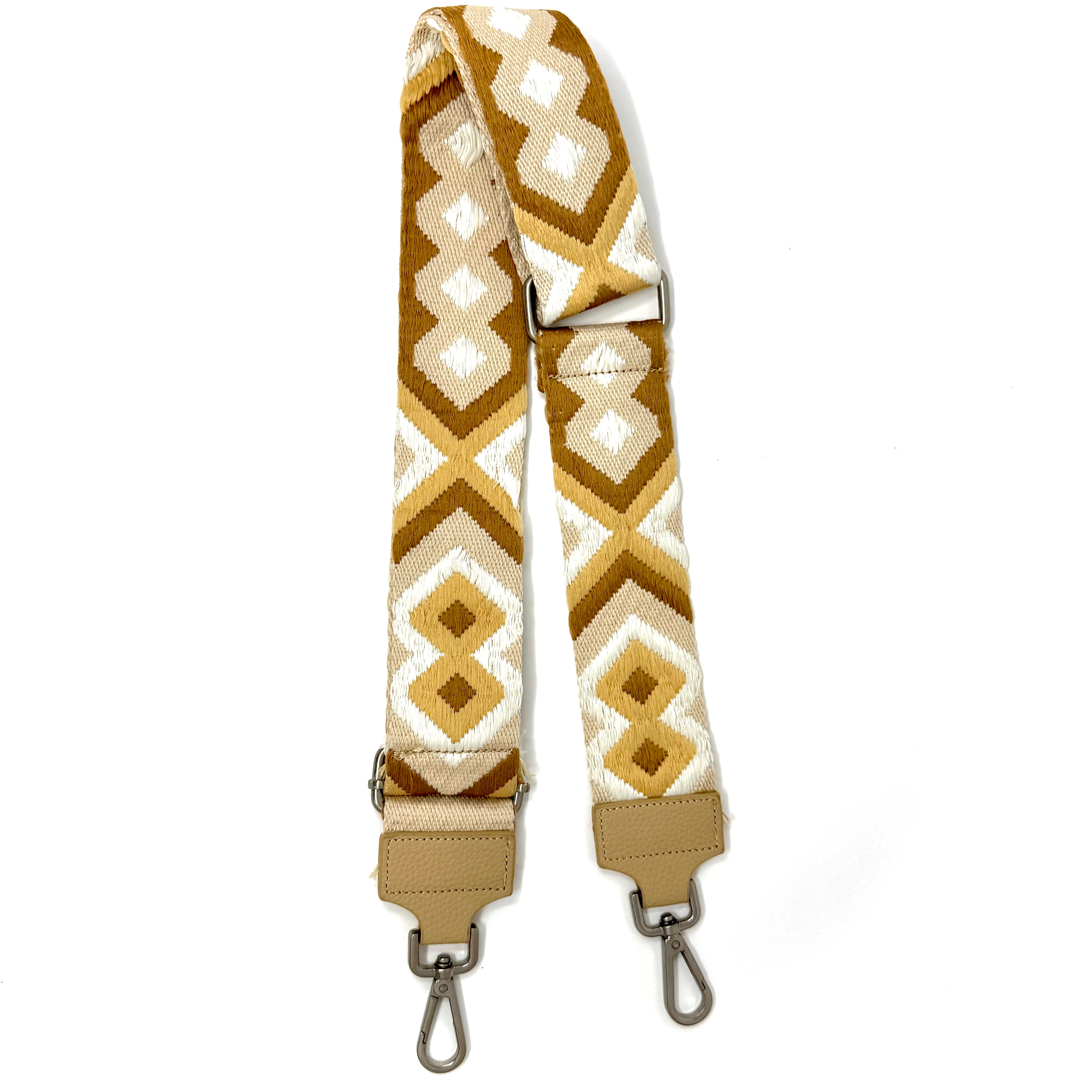 Verstellbarer Schulterriemen mit beige-weißem Muster und Karabinerhaken