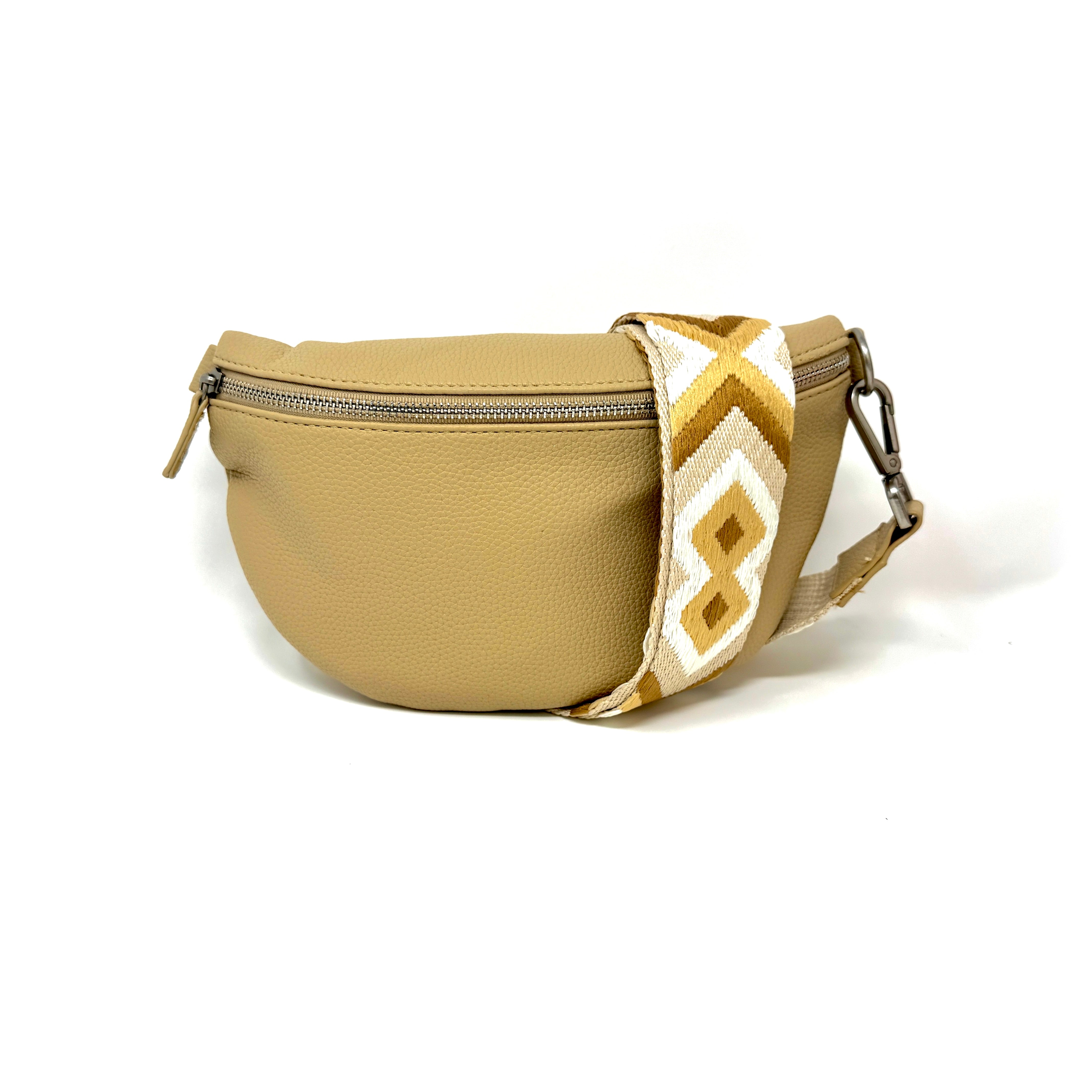 Verstellbarer Schulterriemen mit beige-weißem Muster und Karabinerhaken