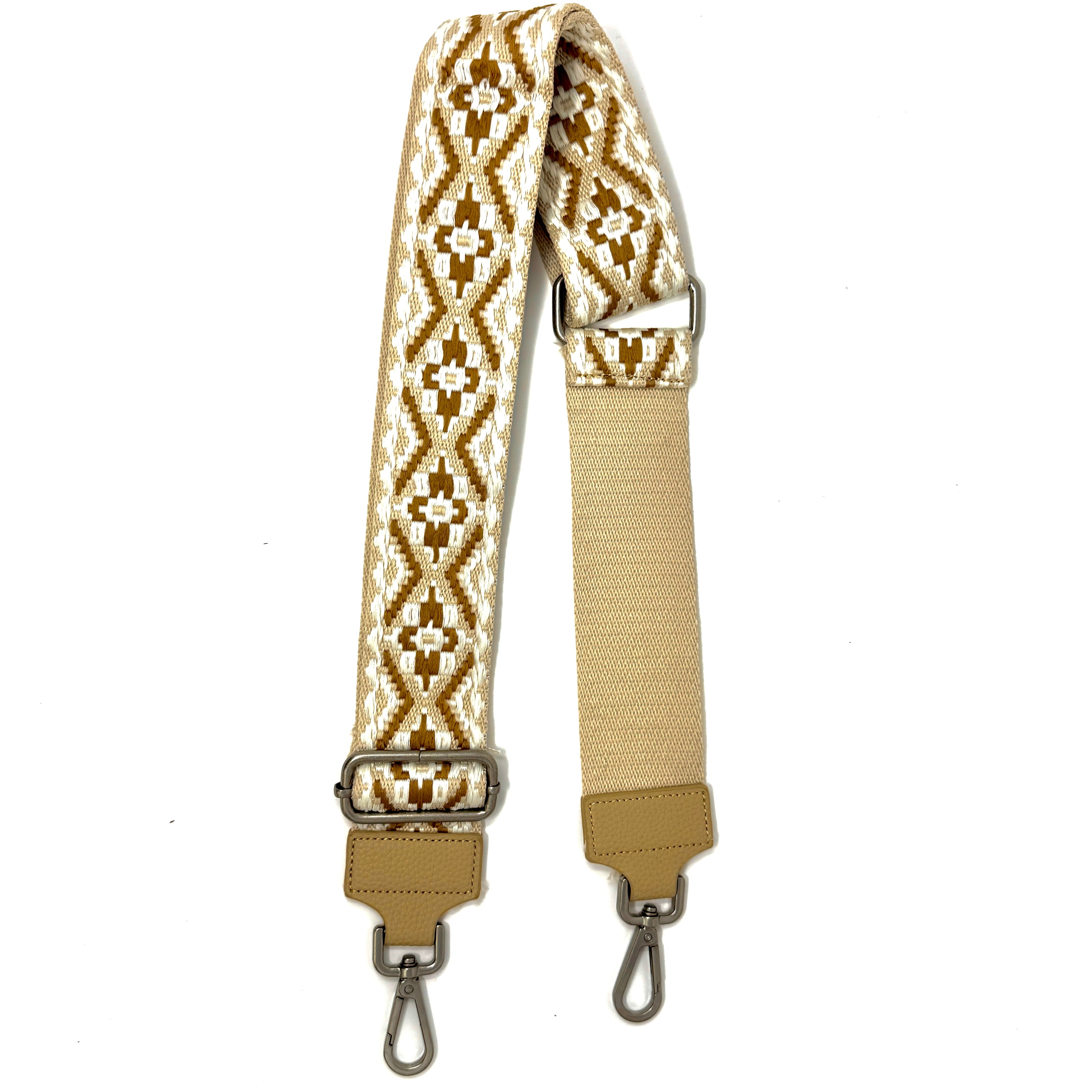 Verstellbarer Schulterriemen mit beige-weißem Muster und Karabinerhaken