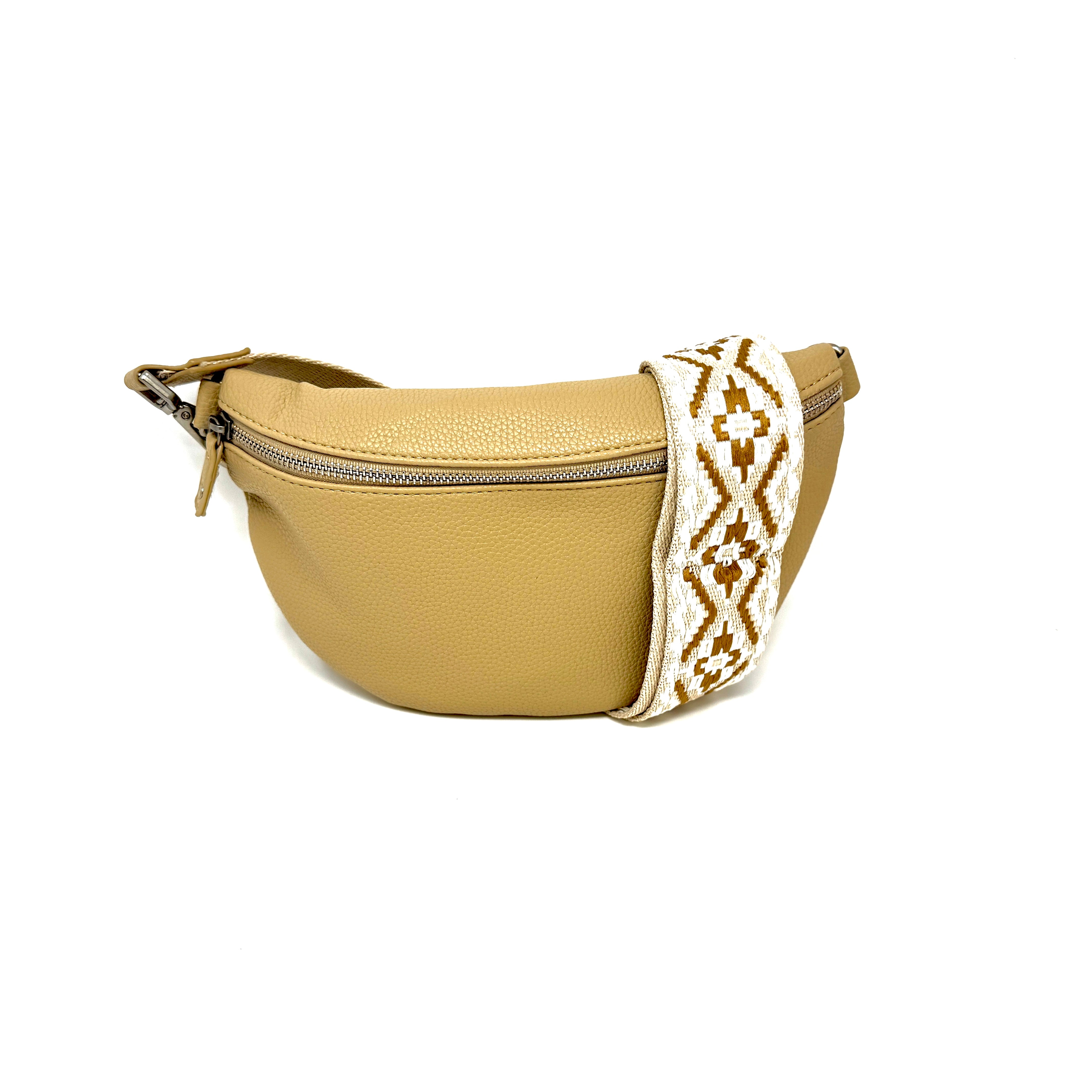 Verstellbarer Schulterriemen mit beige-weißem Muster und Karabinerhaken