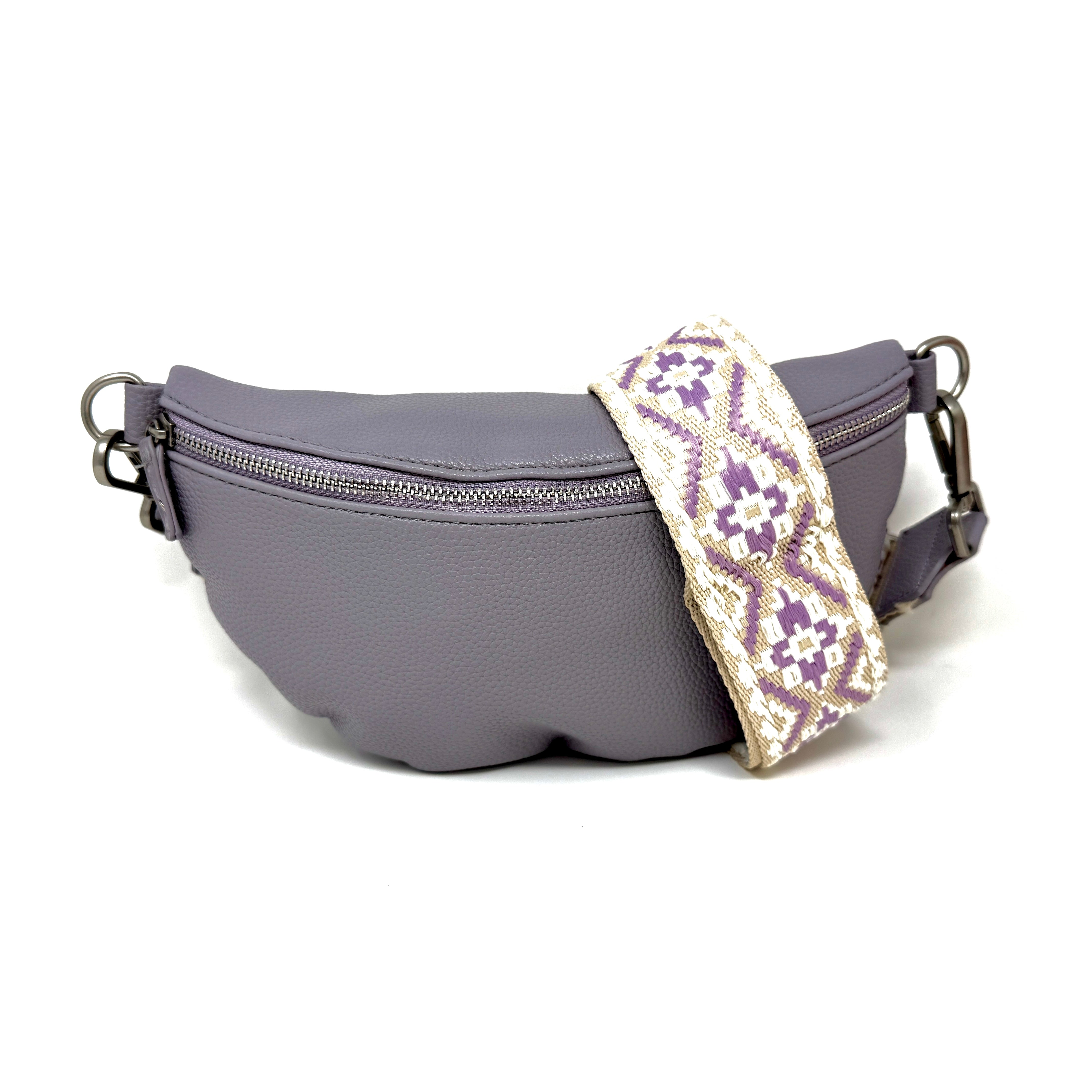 Verstellbarer Schulterriemen mit beige-lila Muster und Karabinerhaken