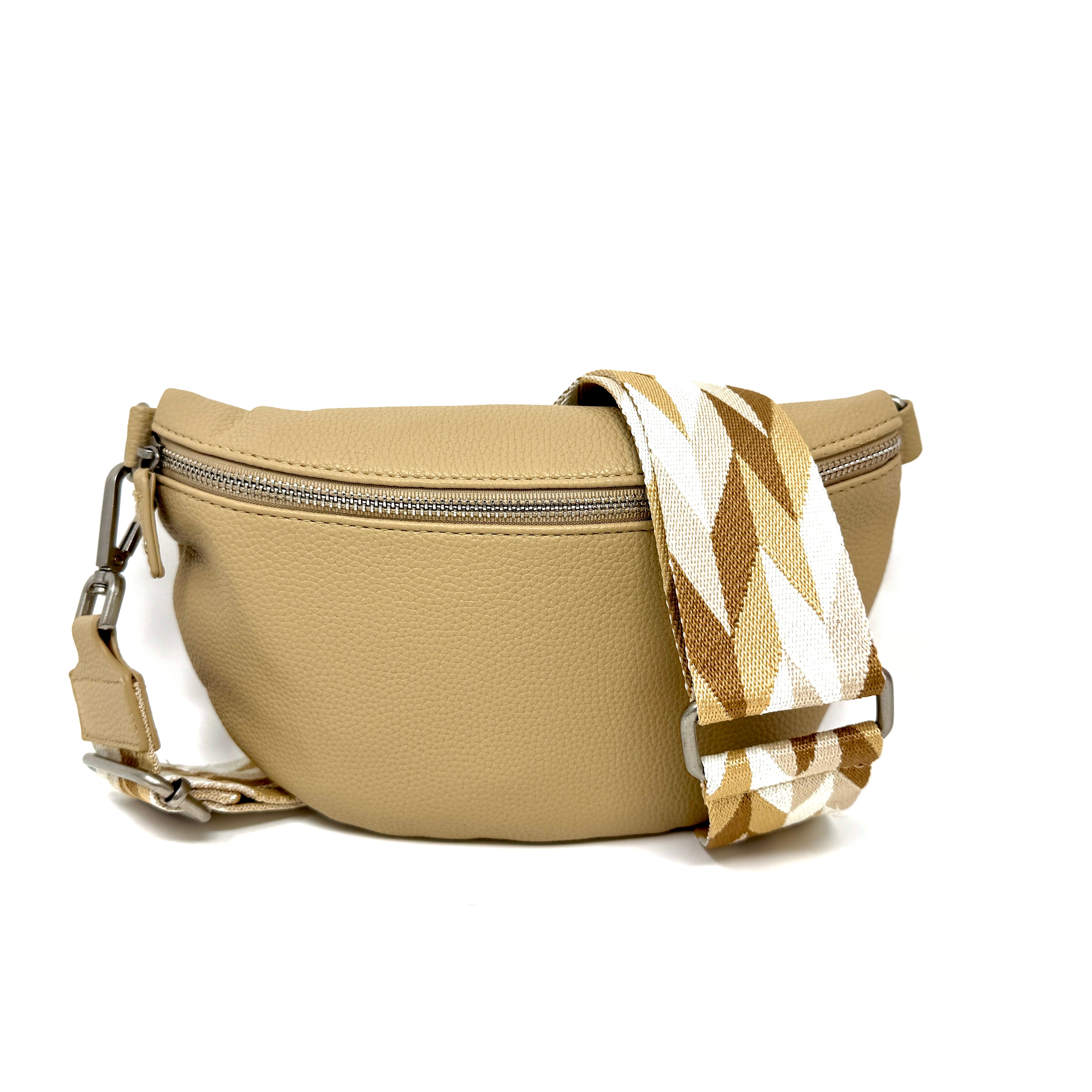 Verstellbarer Schulterriemen mit beige-weißem Muster und Karabinerhaken