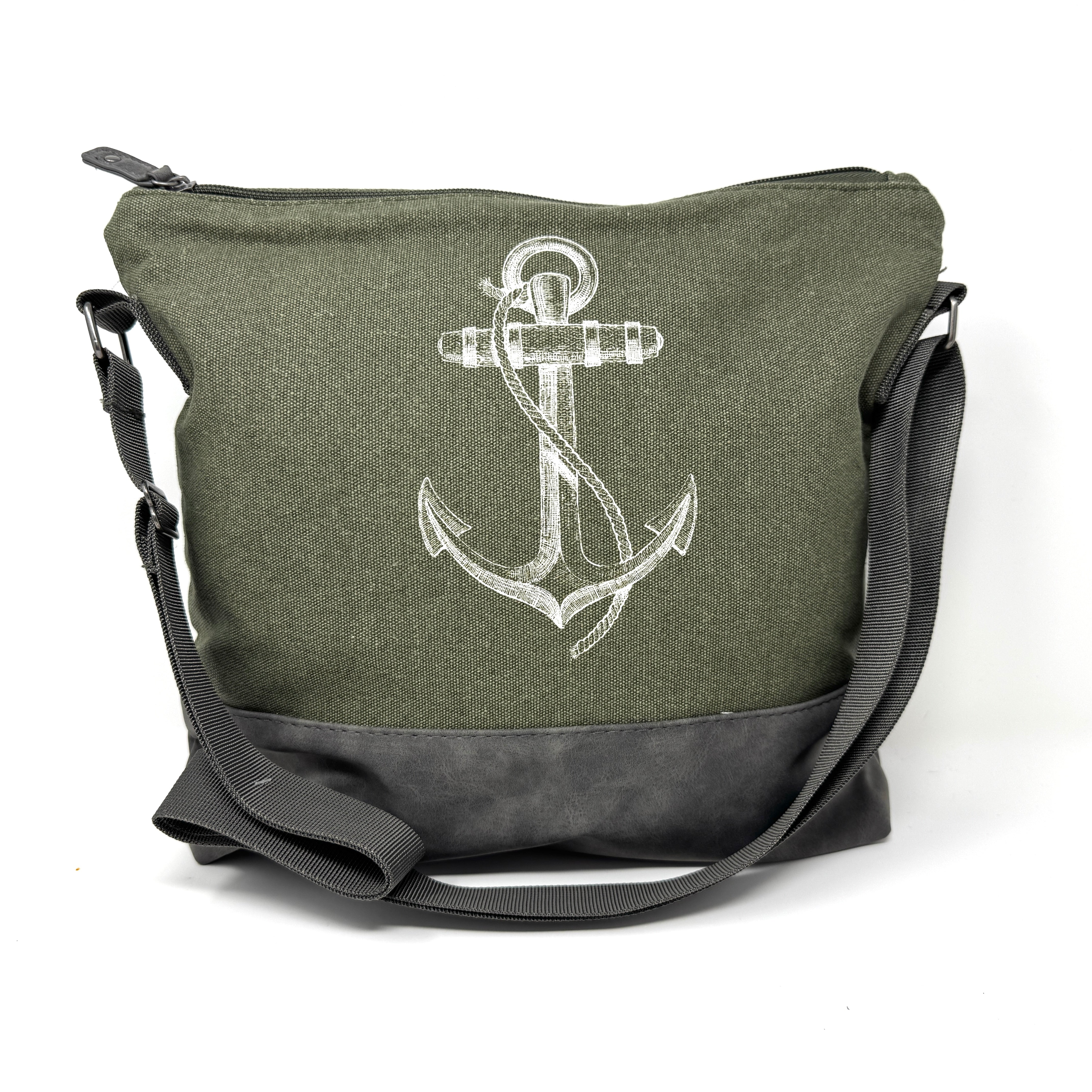 Moderne Umhängetasche in Khaki aus wasserabweisender Baumwolle mit stilvollen Veggie-Leder-Details und Anker-Design