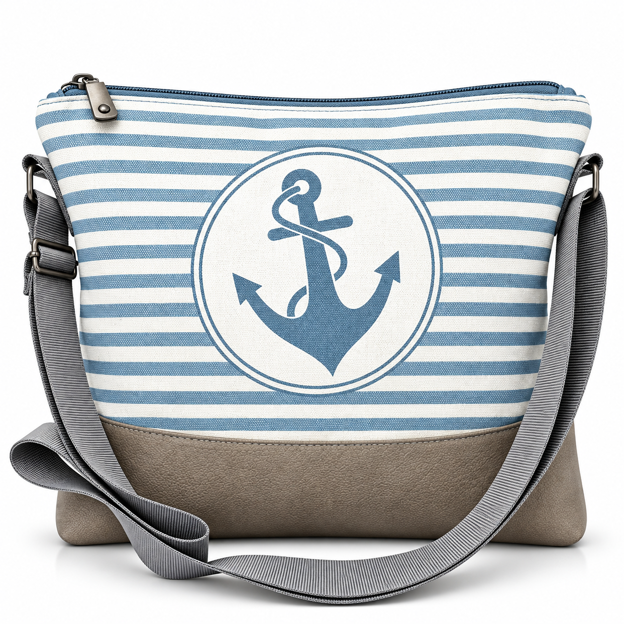 Hellblau-weiß gestreifte Umhängetasche im maritimen Stil mit großem blauem Anker-Motiv, grauem Taschenboden und verstellbarem Schultergurt.