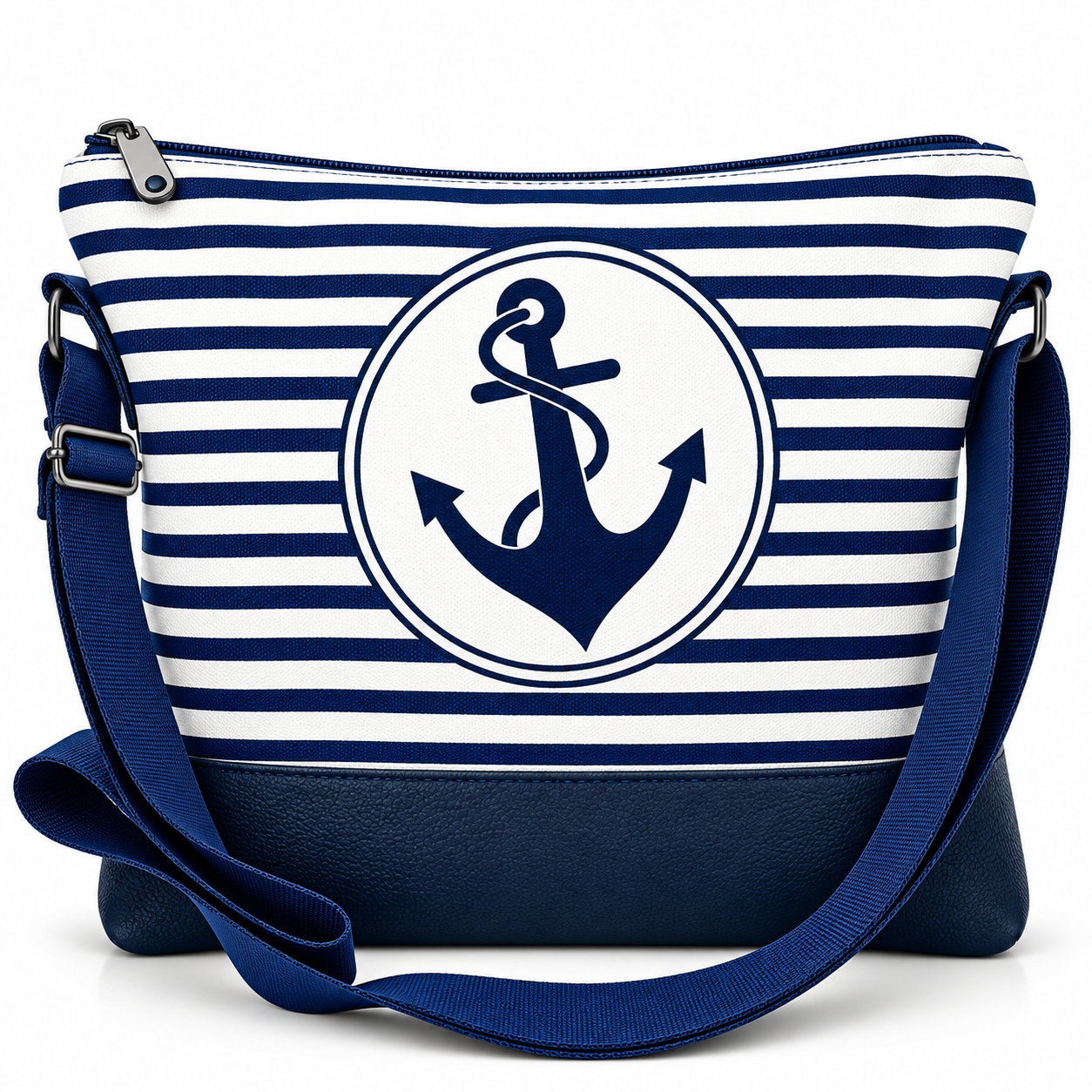 Marineblau-weiß gestreifte maritime Umhängetasche mit großem dunkelblauem Ankerdruck, dunkelblauem Taschenboden und passendem Schultergurt.