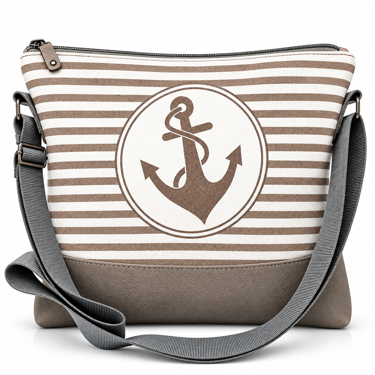Maritime Umhängetasche in rosa und Weiß mit horizontalen Streifen, großem rosa Anker-Motiv, grauem Taschenboden und verstellbarem Schultergurt.