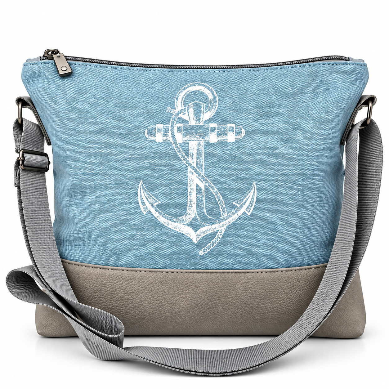 Hellblaue maritime Umhängetasche Ankerstyle aus veganem Material mit weißem Ankerdruck, grauem Boden und Schultergurt.