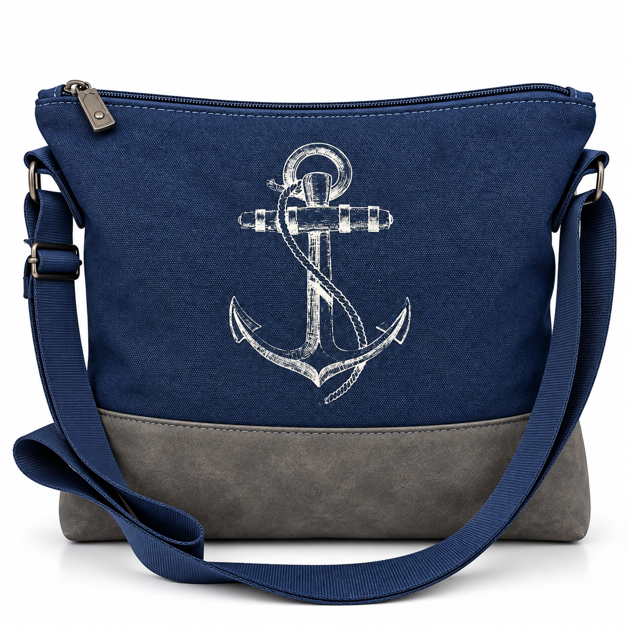 Marineblaue maritime Umhängetasche Ankerstyle mit weißem Ankerdruck, grauem Boden und farblich passendem Schultergurt.