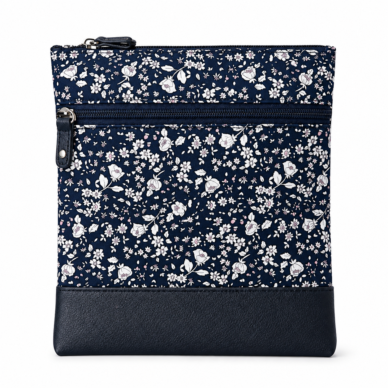 Dunkelblaue Umhängetasche mit feinem Blumenmuster aus Baumwolle und Veggie Leder, praktische Crossbody Tasche für den Alltag