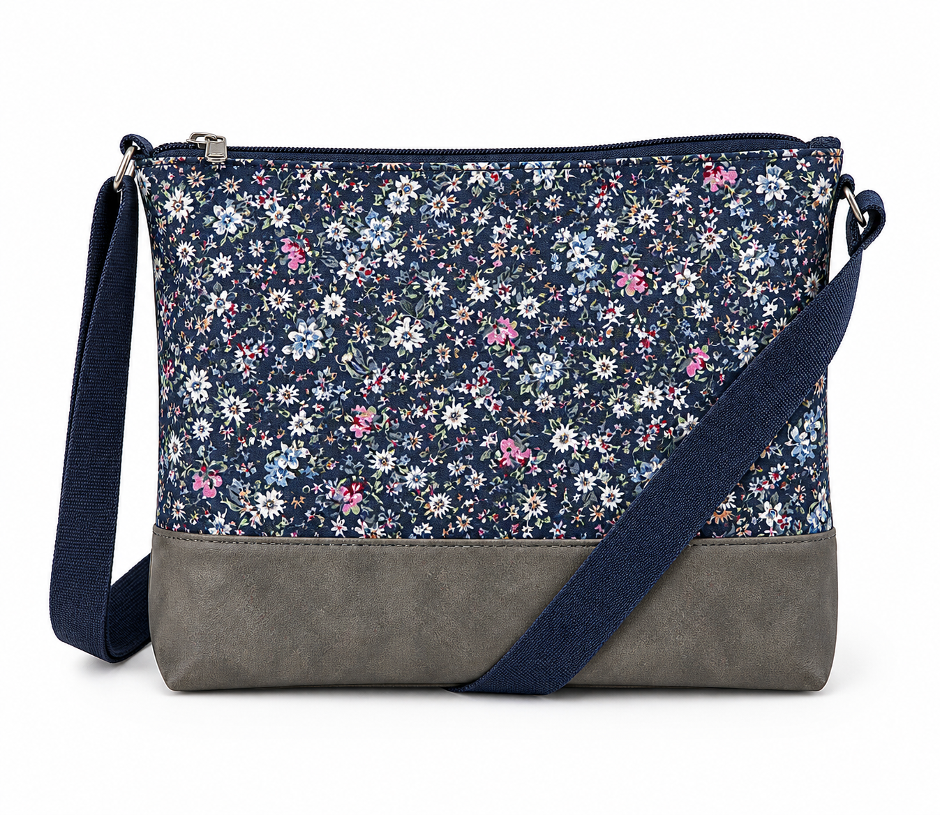 Dunkelblaue Umhängetasche mit Blumenmuster aus Baumwolle und Veggie-Leder, wasserabweisende Crossbody Tasche für Alltag