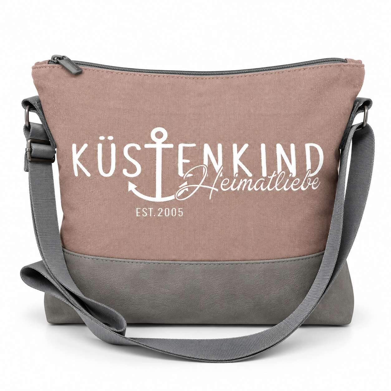 Küstenkind Heimatliebe Umhängetasche in Altrosa mit grauem Boden und Schultergurt
