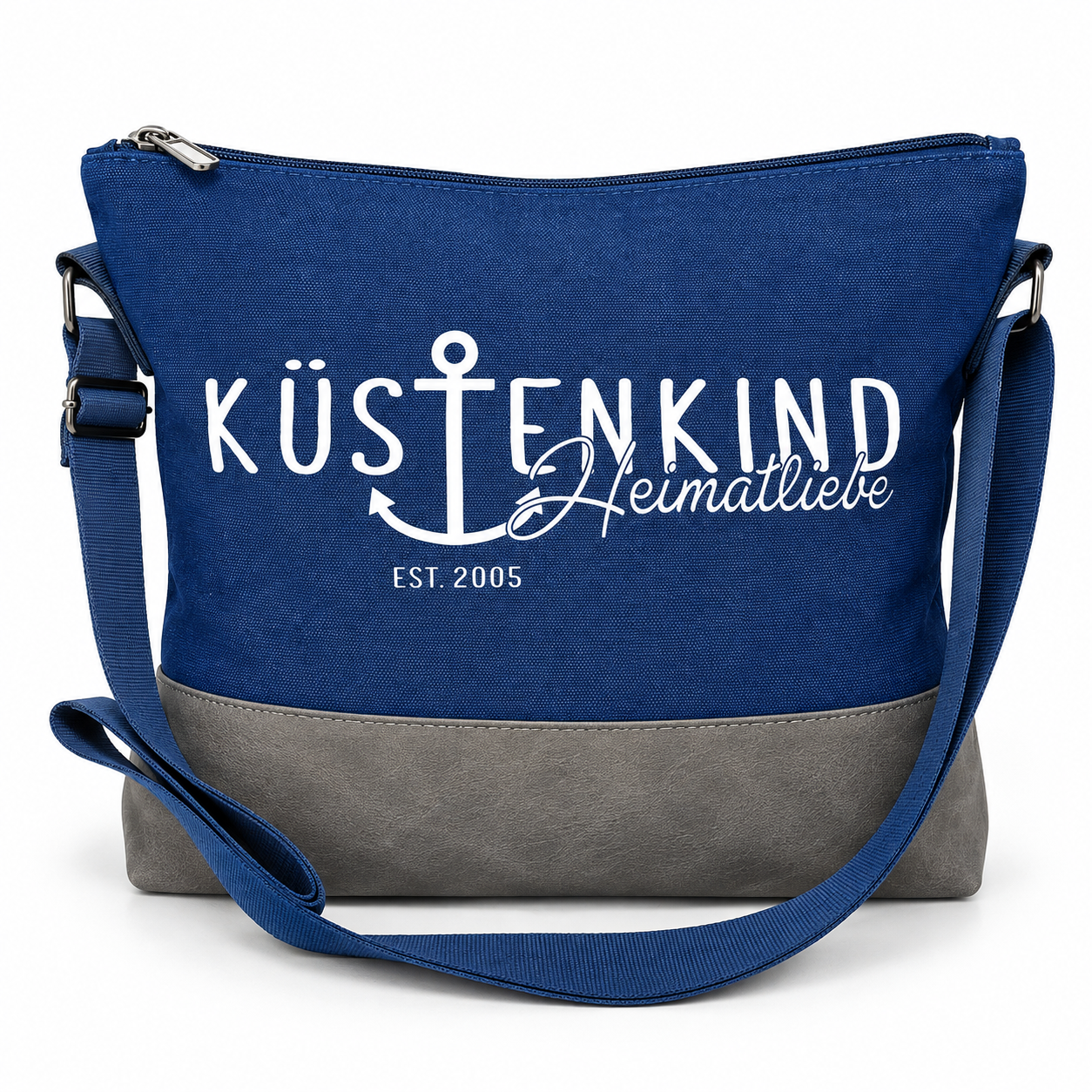Küstenkind Heimatliebe Umhängetasche in Blau mit grauem Boden und Schultergurt
