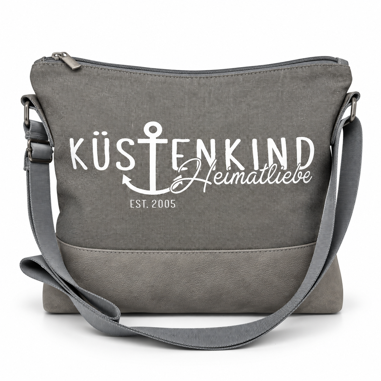 Küstenkind Heimatliebe Umhängetasche in Grau mit grauem Boden und Schultergurt