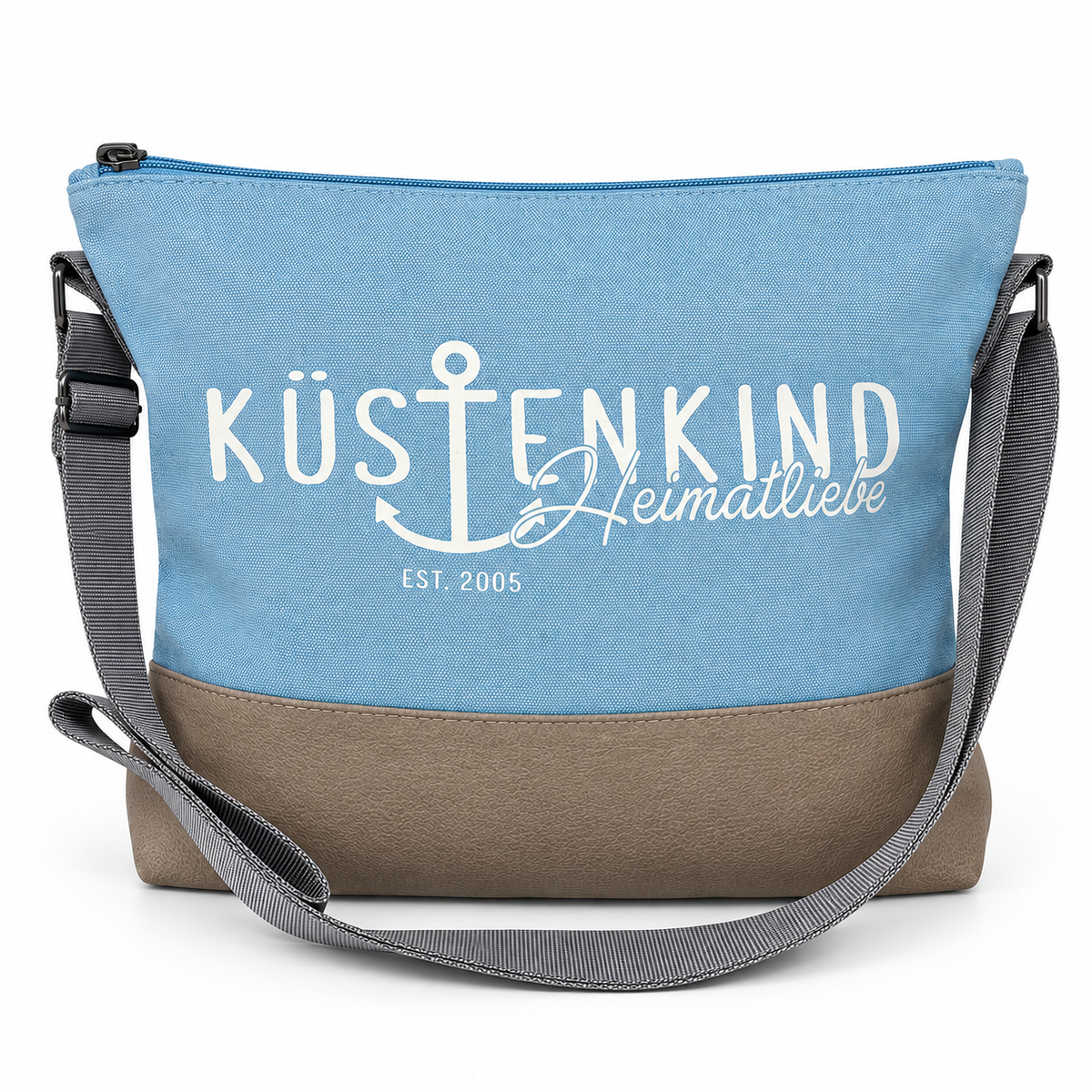 Küstenkind Heimatliebe Umhängetasche in Hellblau mit grauem Boden und Schultergurt
