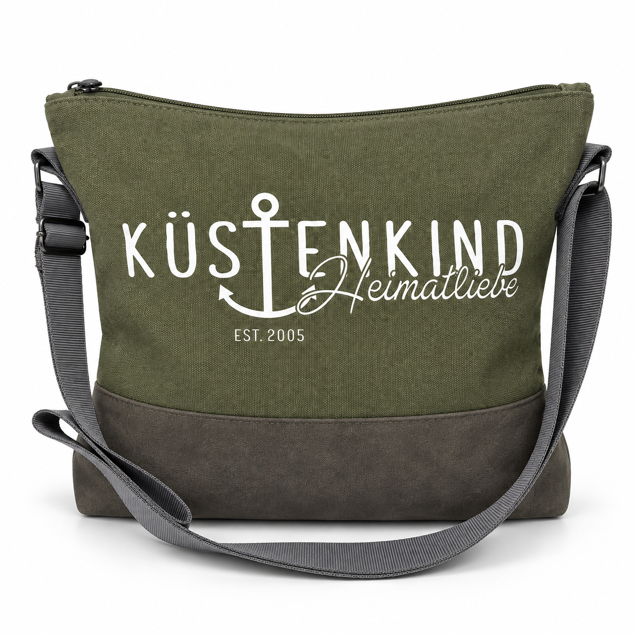 Küstenkind Heimatliebe Umhängetasche in Khaki mit dunklem Boden und Schultergurt